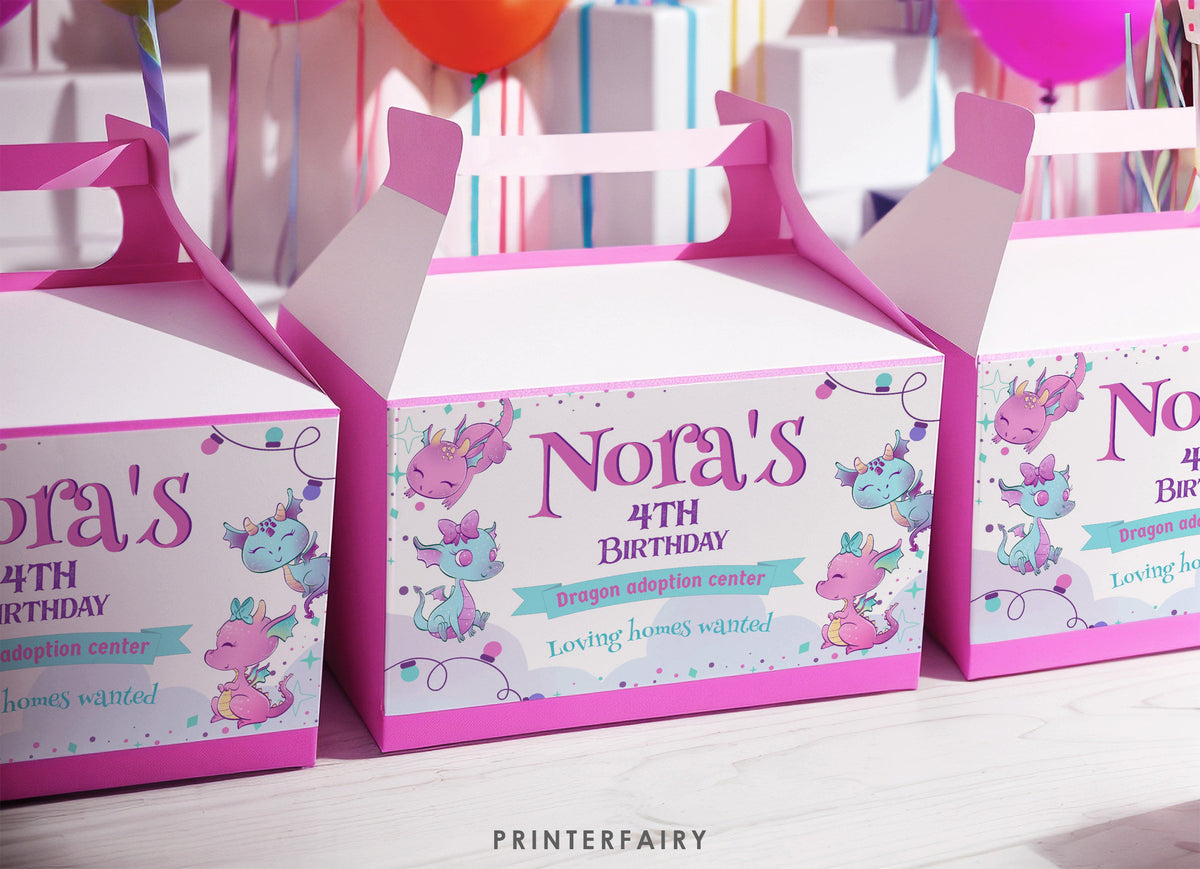 Girl Dragon Birthday Gable Box Label, Party Favor (Instant Download)