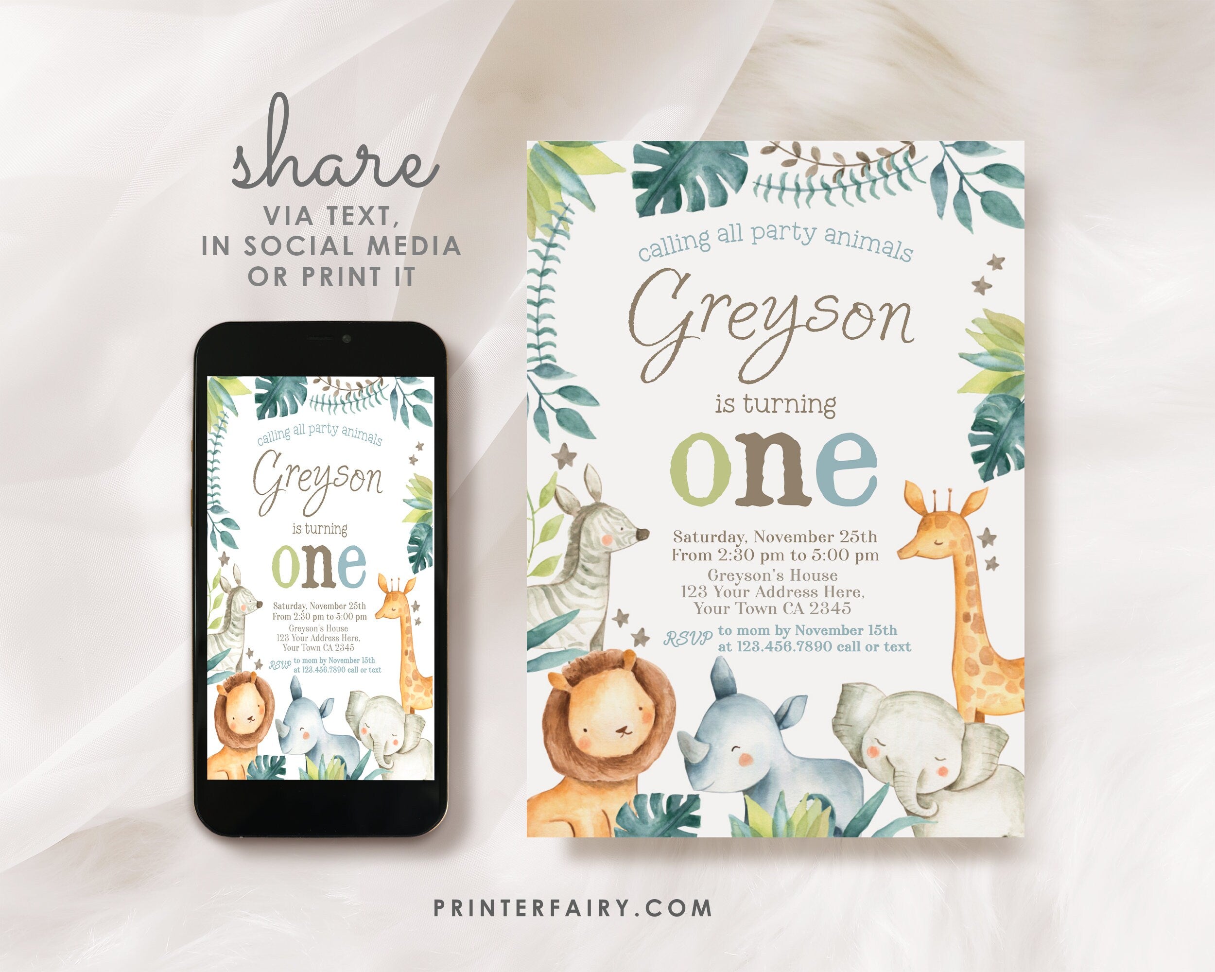 Safari 1st Birthday Editable Invitation with Greenery, Lion, Giraffe, Zebra, Rhino, Elephant Instant Download