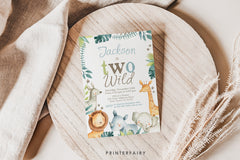 Two Wild Birthday Invitation, Jungle Safari, Editable (Digital Download)