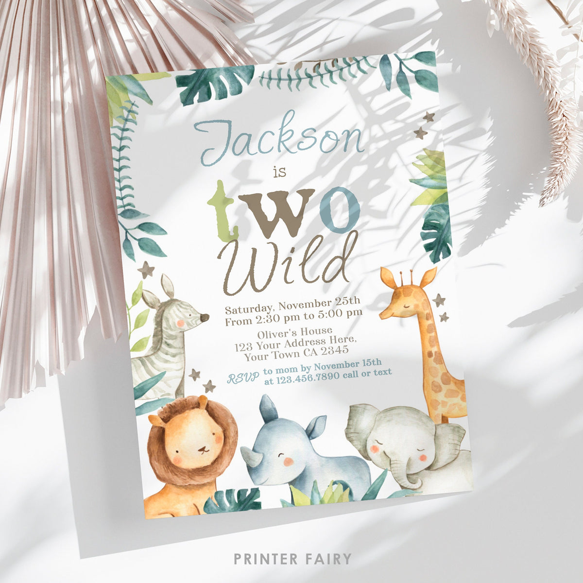 Two Wild Birthday Invitation, Jungle Safari, Editable (Digital Download)