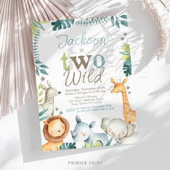 Two Wild Birthday Invitation, Jungle Safari, Editable (Digital Download)