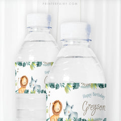 Jungle Animals Editable Water Bottle Labels, Wild One ,Safari Birthday Party Decorations