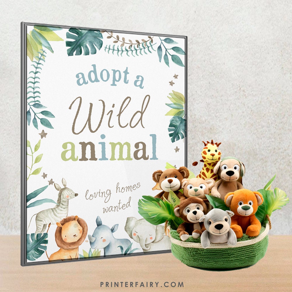 Wild Animal Adoption Sign & Certificate, Jungle Birthday Party (Digital Download)