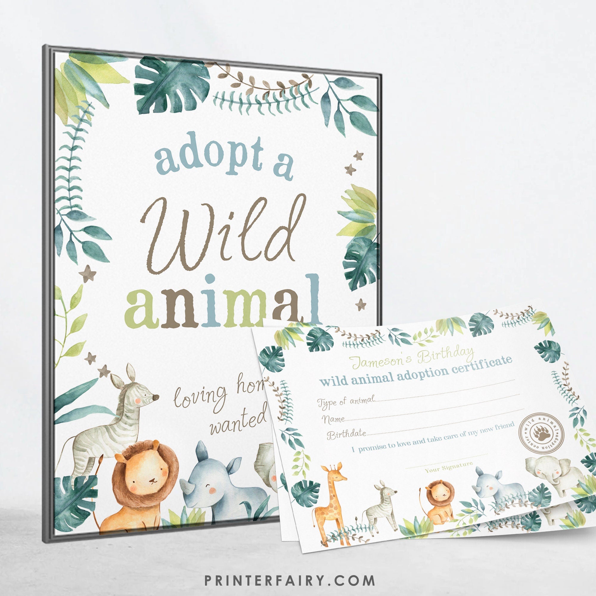 Wild Animal Adoption Sign & Certificate, Jungle Birthday Party (Digital Download)