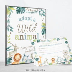 Wild Animal Adoption Sign & Certificate, Jungle Birthday Party (Digital Download)