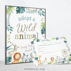 Wild Animal Adoption Sign & Certificate, Jungle Birthday Party (Digital Download)