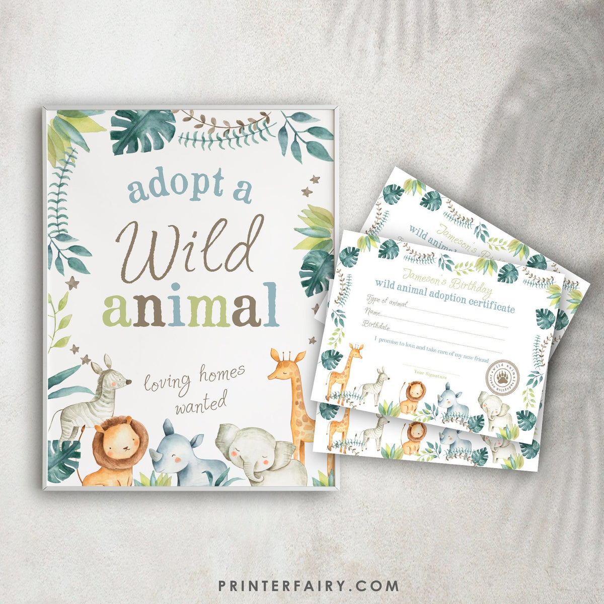 Wild Animal Adoption Sign & Certificate, Jungle Birthday Party (Digital Download)