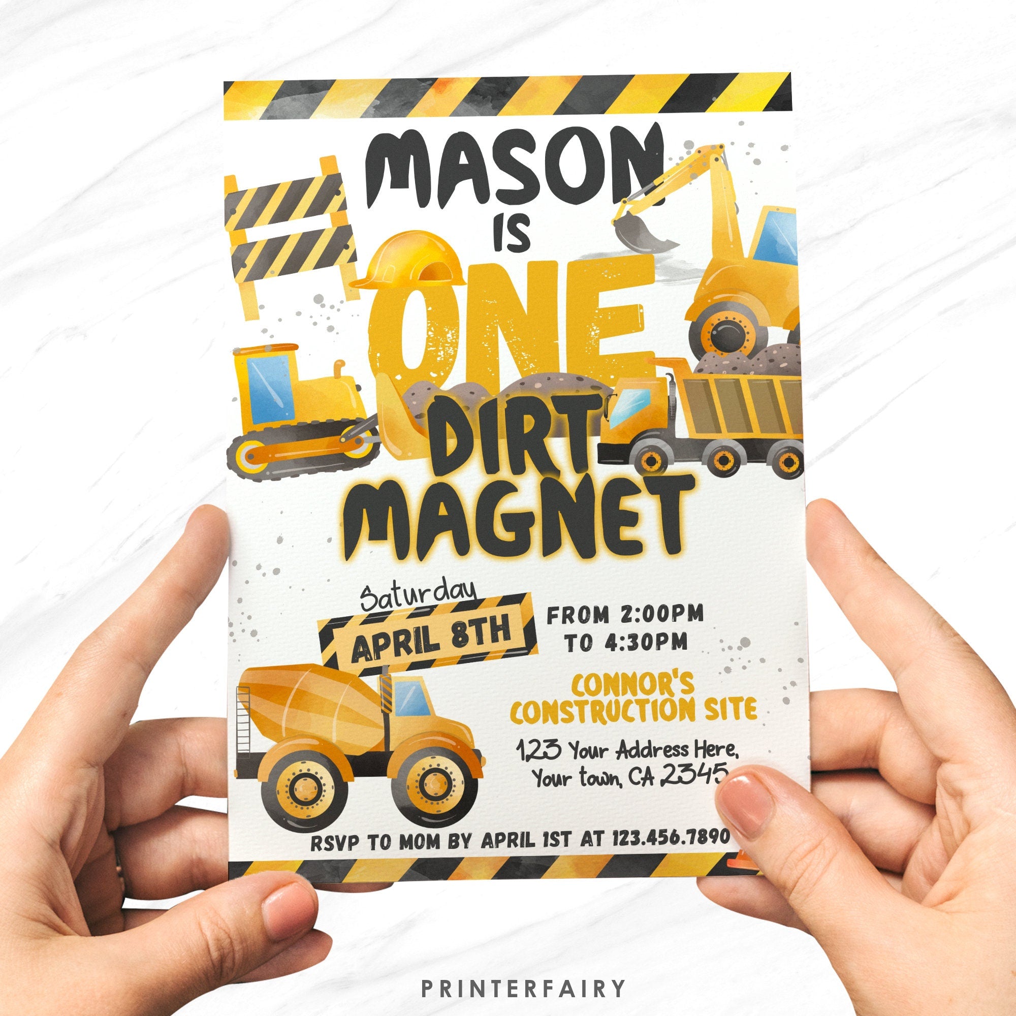 Construction 1st Birthday Invitation, Dump Truck, Editable Template (Digital Download)