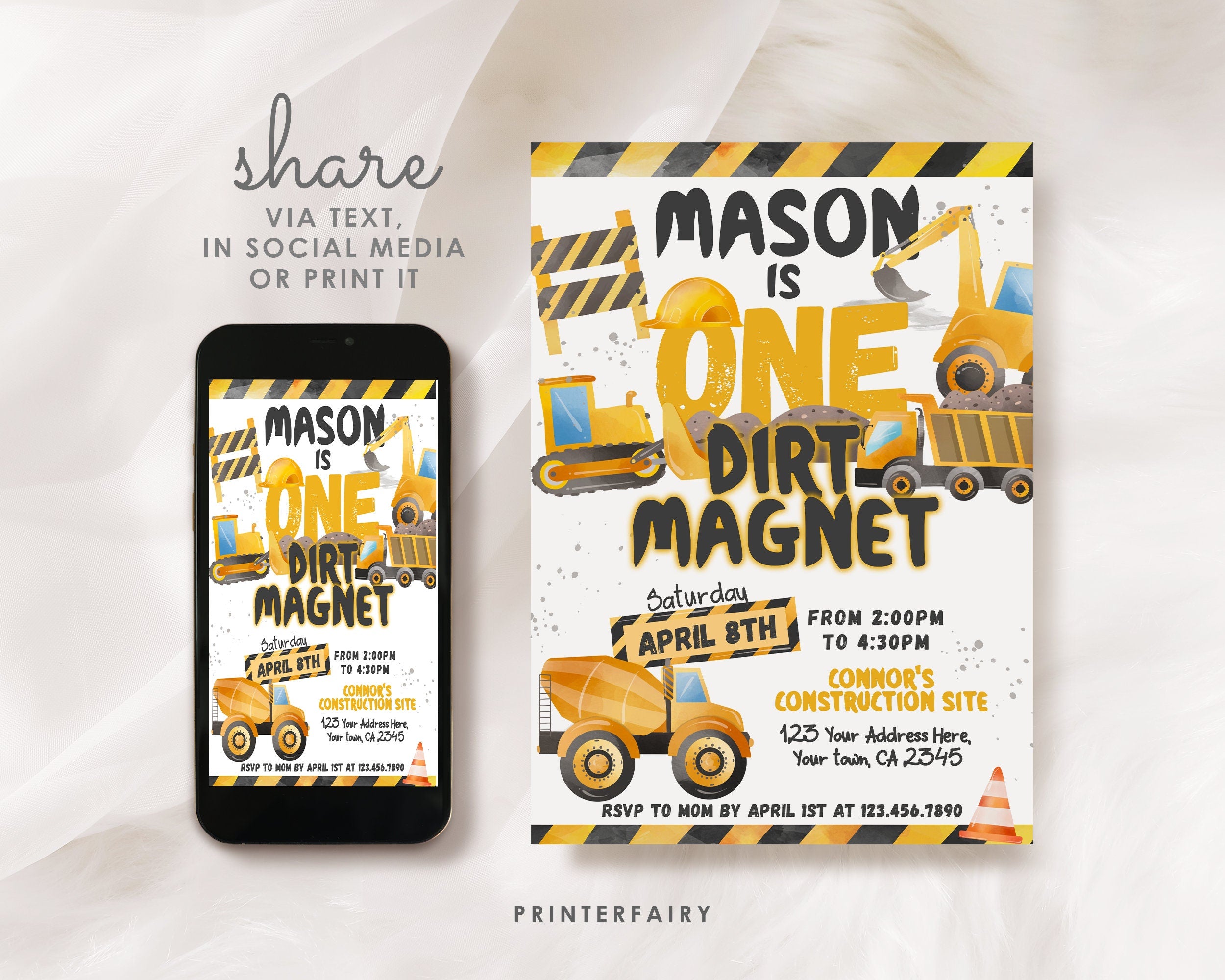 Construction 1st Birthday Invitation, Dump Truck, Editable Template (Digital Download)