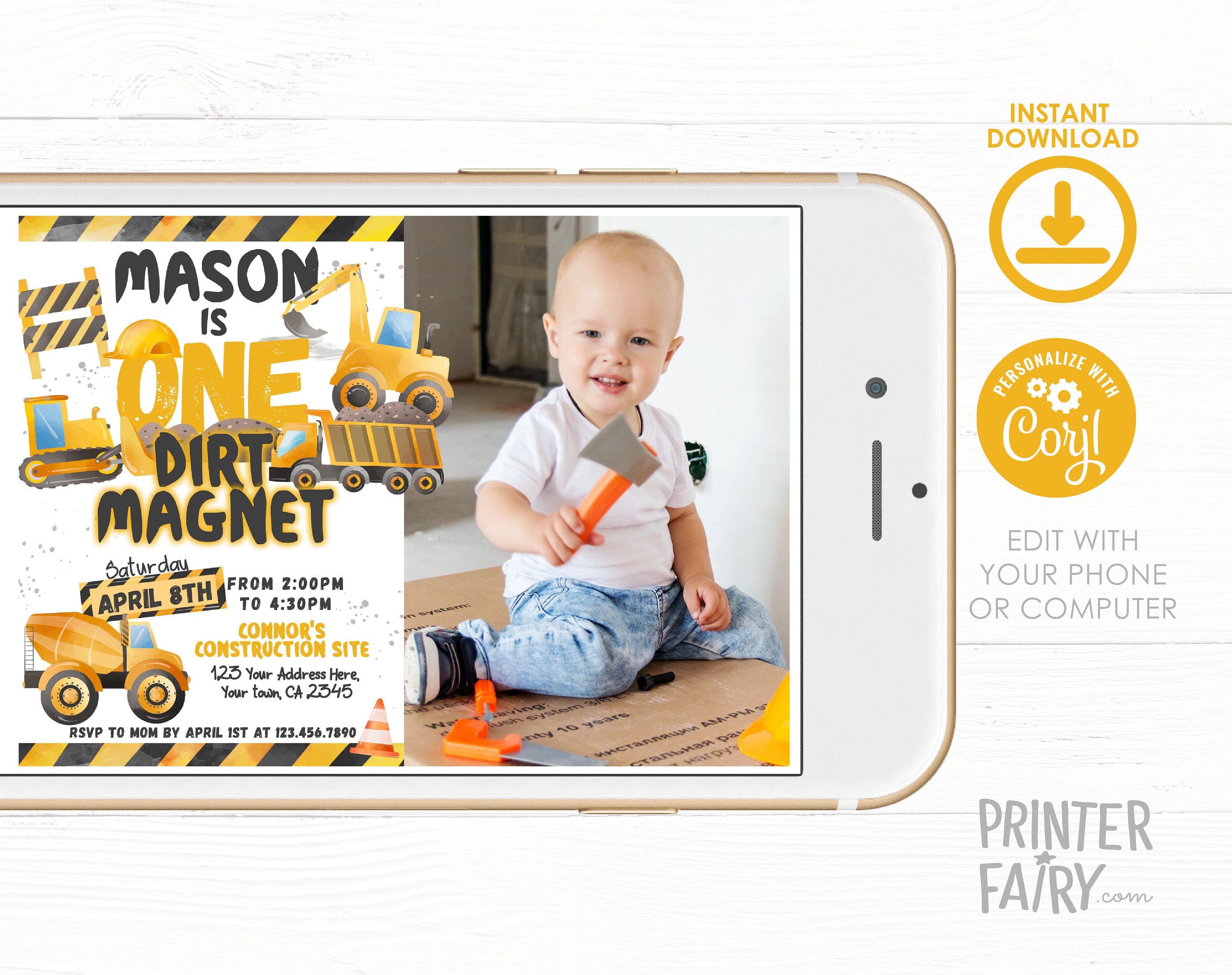 Construction 1st Birthday Invitation with Photo (Instant Download)
