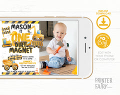 Construction 1st Birthday Invitation with Photo (Instant Download)