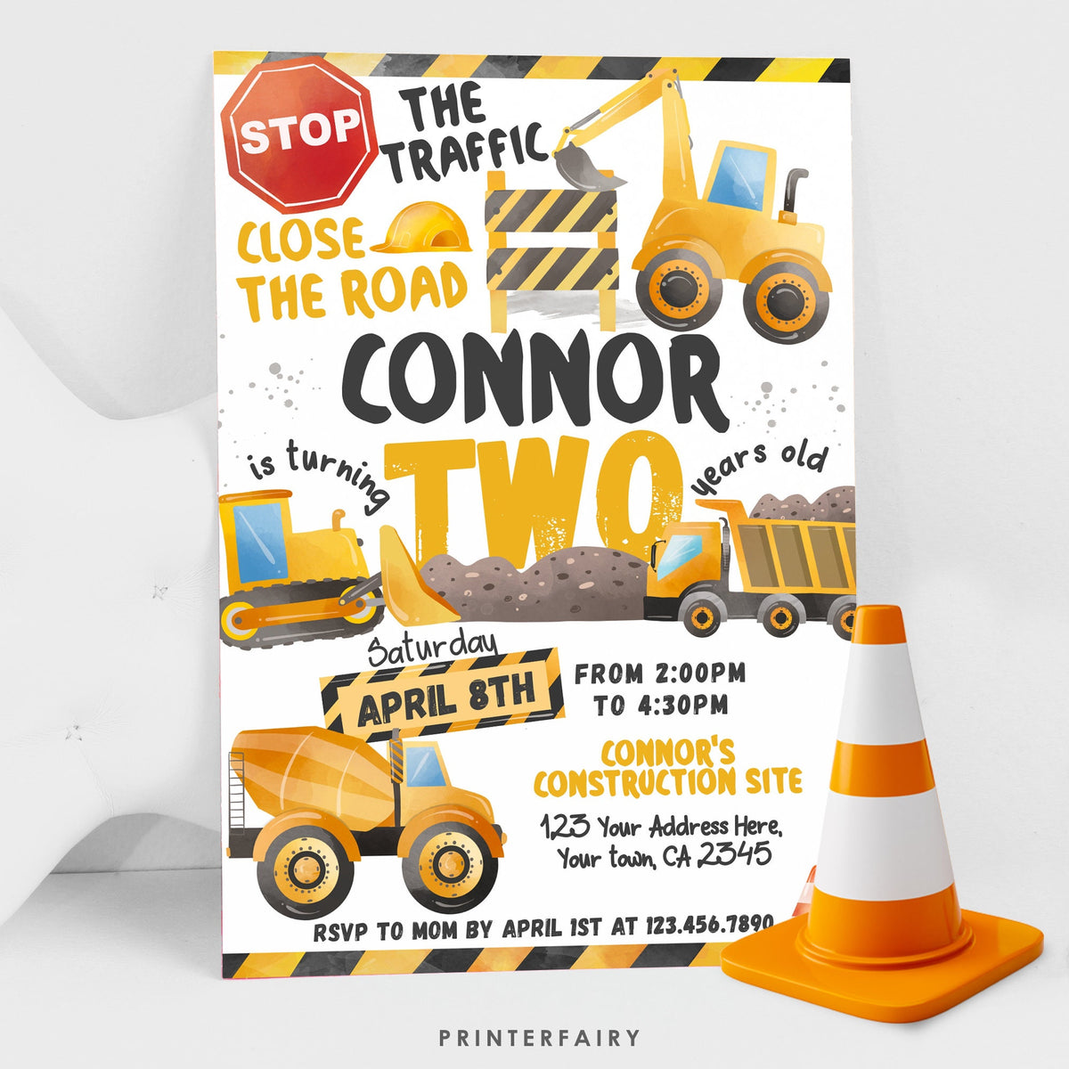 Editable Construction Truck Birthday Invitation, Second Birthday (Corjl Template)