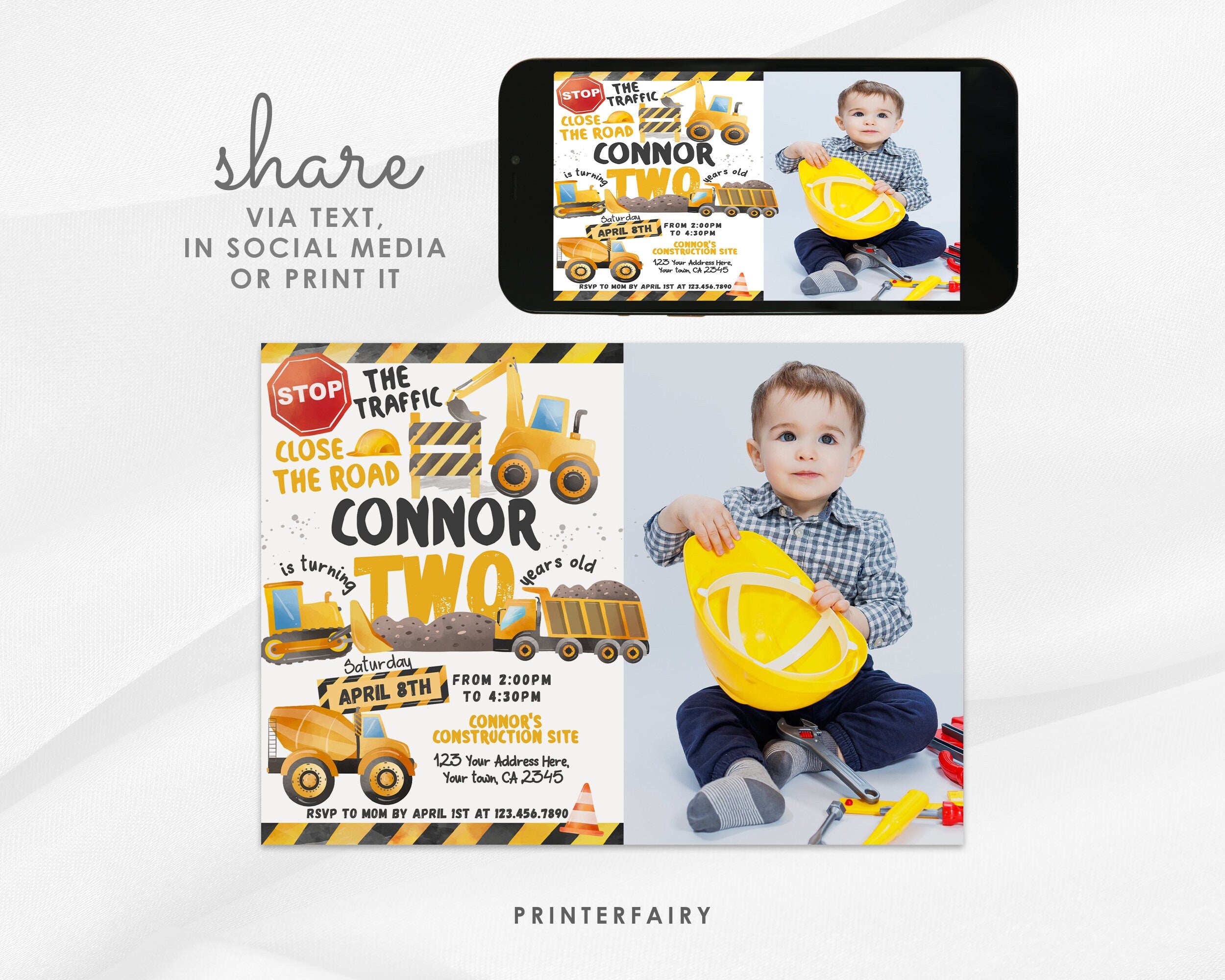 Editable Construction Truck Birthday Invitation with Photo (Digital Download)