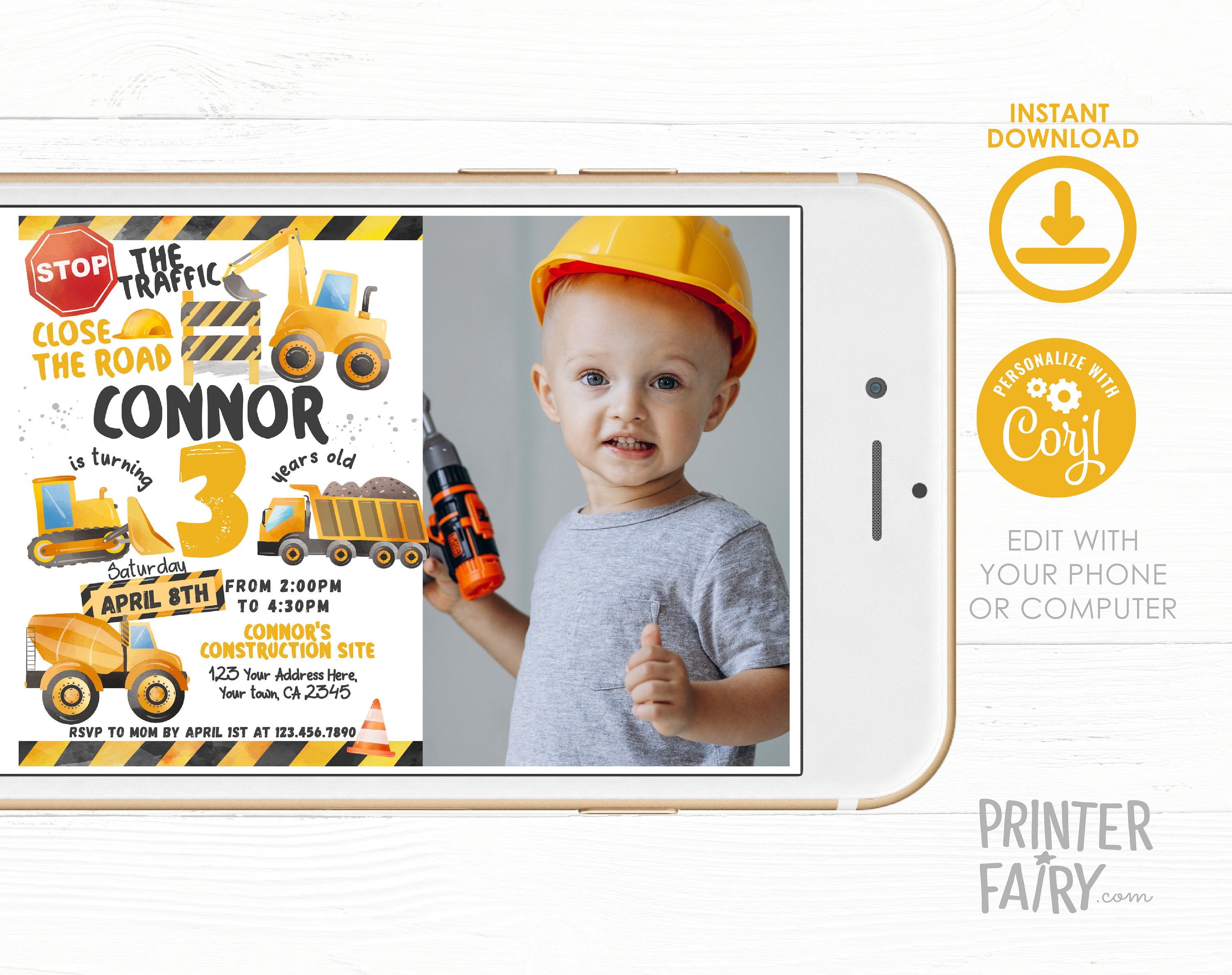 Construction Truck Birthday Invitation with Photo (Digital Download)
