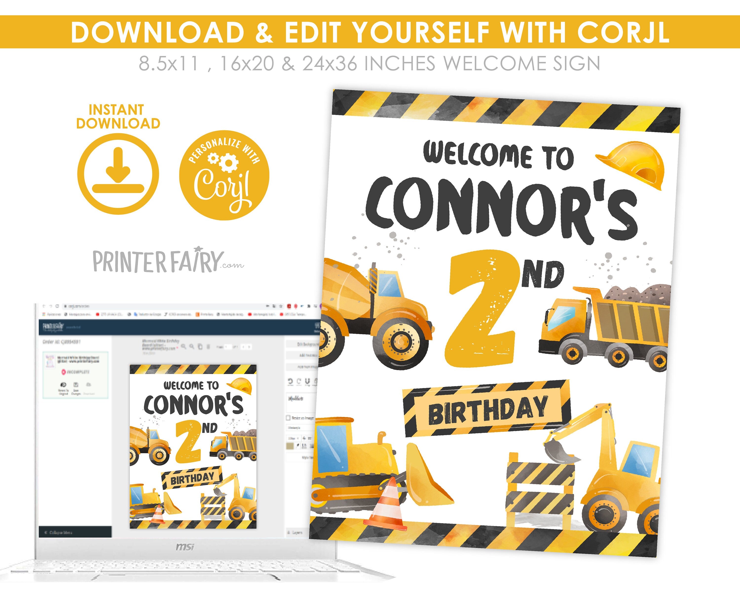 Construction Birthday Welcome Sign: Dump Truck Theme (Editable, Instant Download)