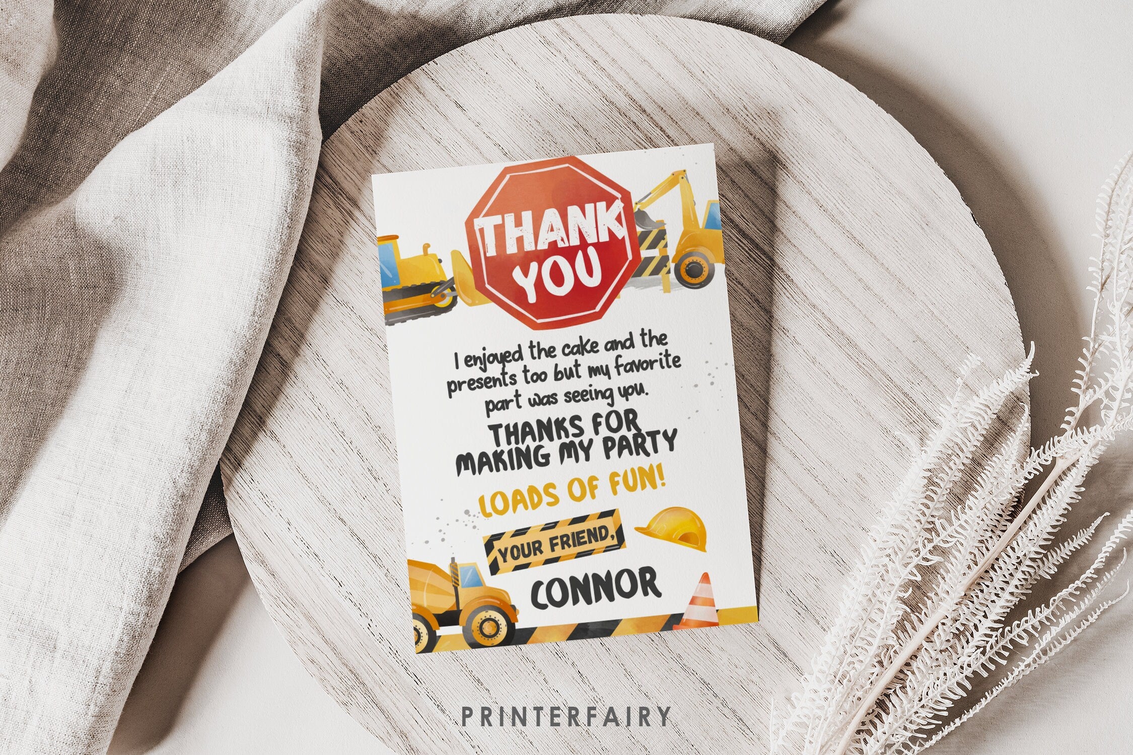 Construction Birthday Thank You Card: Dump Truck Party (Editable, Instant Download)