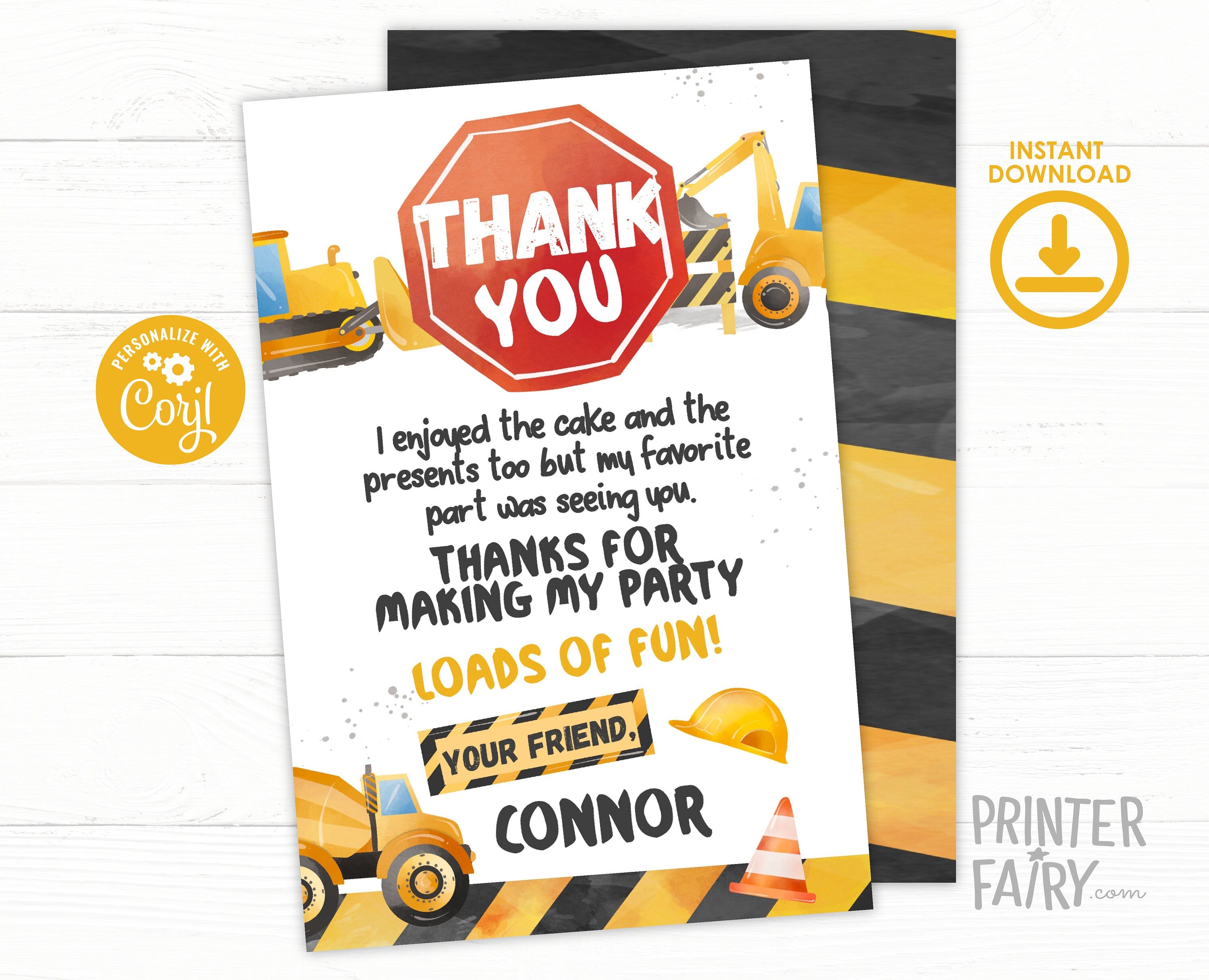 Construction Birthday Thank You Card: Dump Truck Party (Editable, Instant Download)
