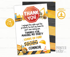 Construction Birthday Thank You Card: Dump Truck Party (Editable, Instant Download)