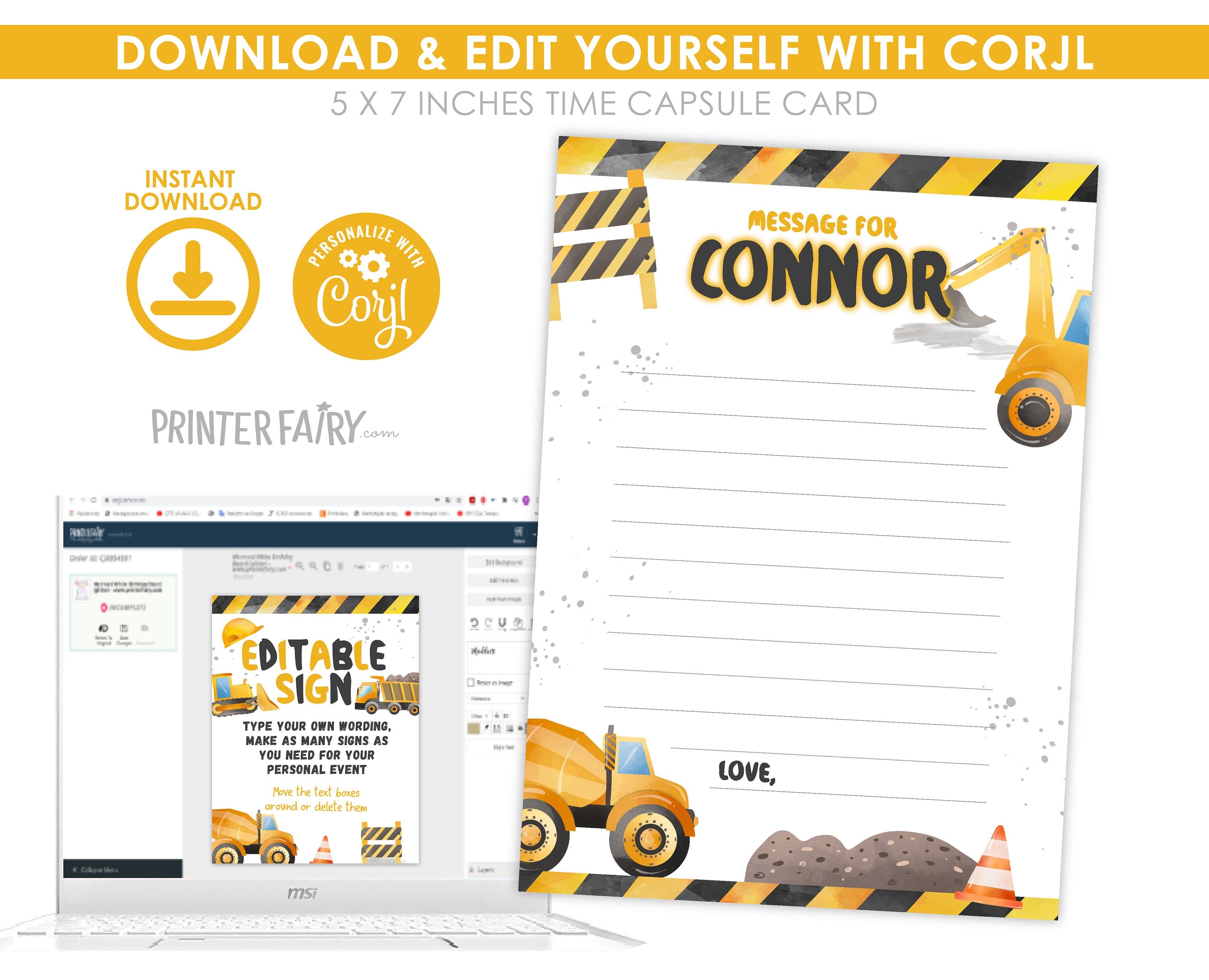 Construction Birthday Time Capsule: Dump Truck Party Decoration (Instant Download)