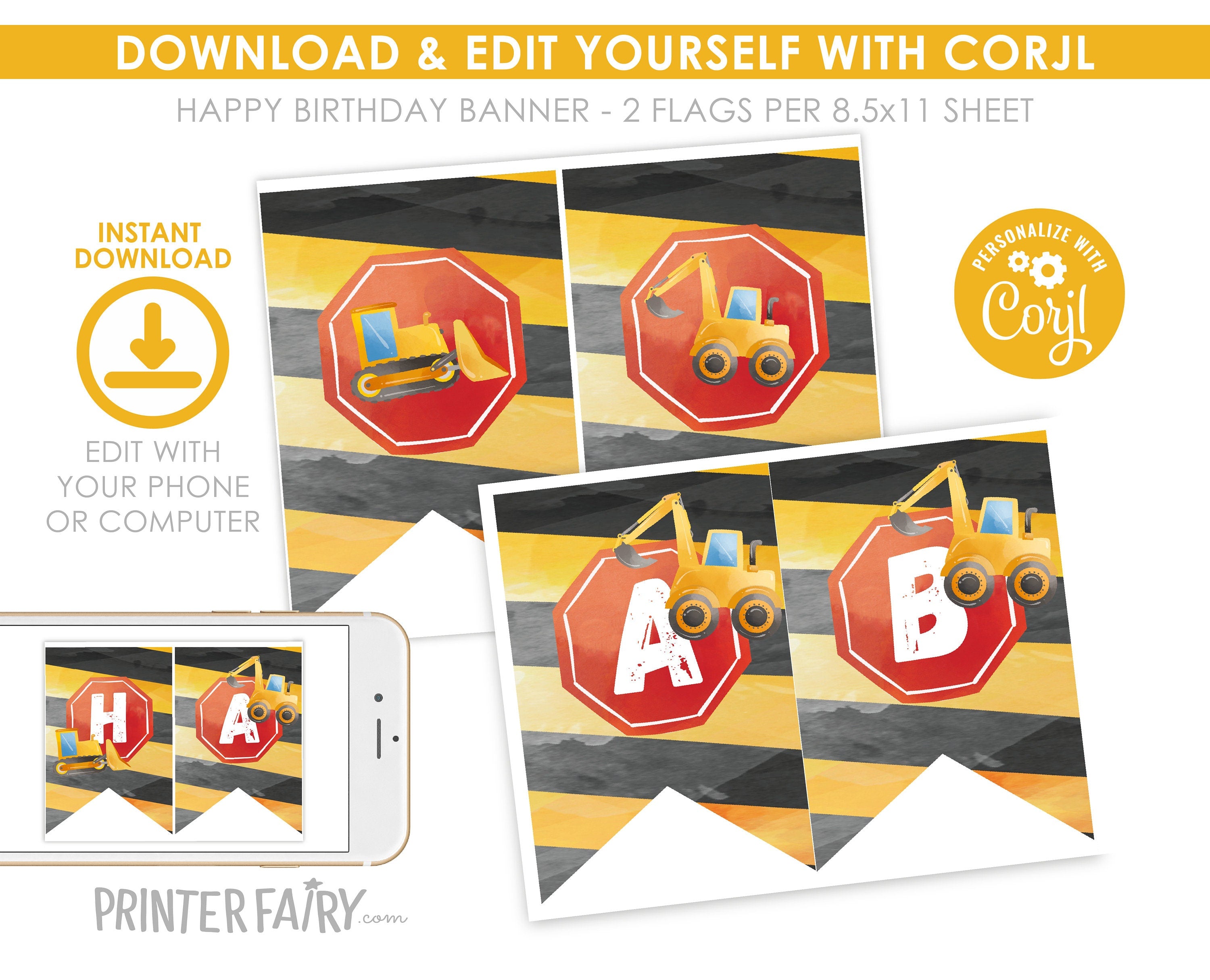 Construction Birthday Banner: Editable Truck Party Garland (Digital Download)