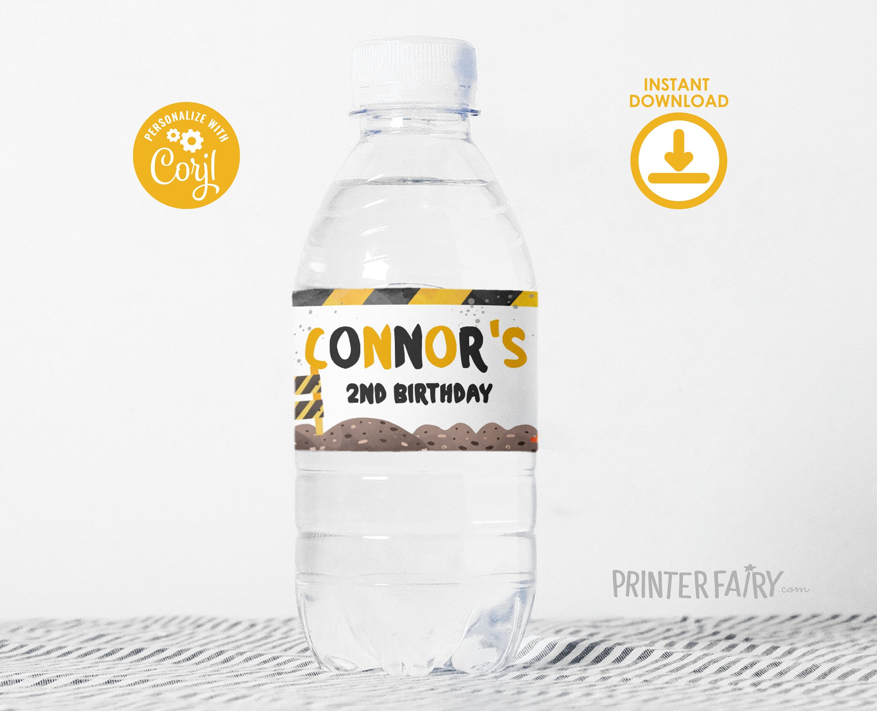 Construction Birthday Water Bottle Labels: Editable Truck Theme (Digital Download)