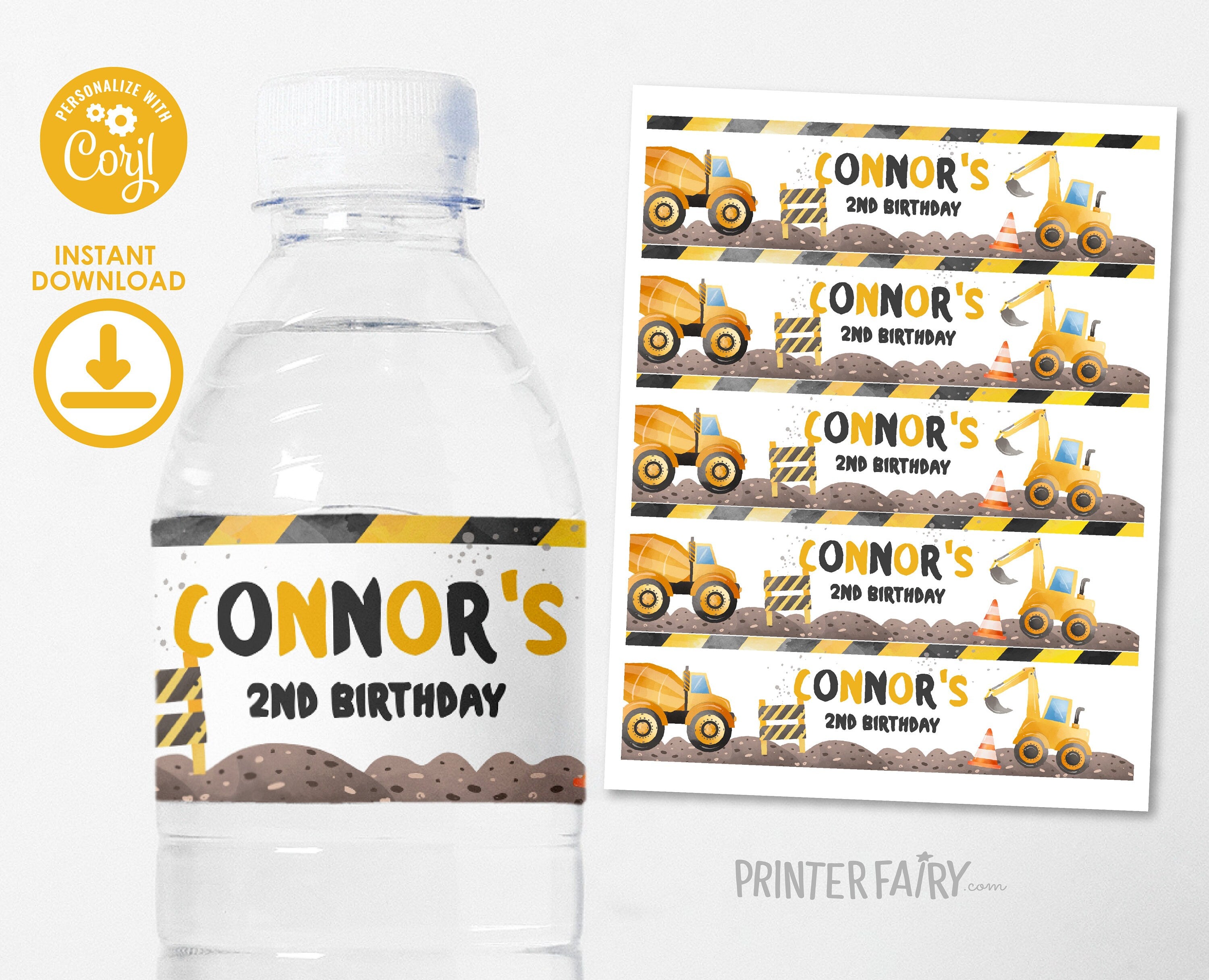 Construction Birthday Water Bottle Labels: Editable Truck Theme (Digital Download)