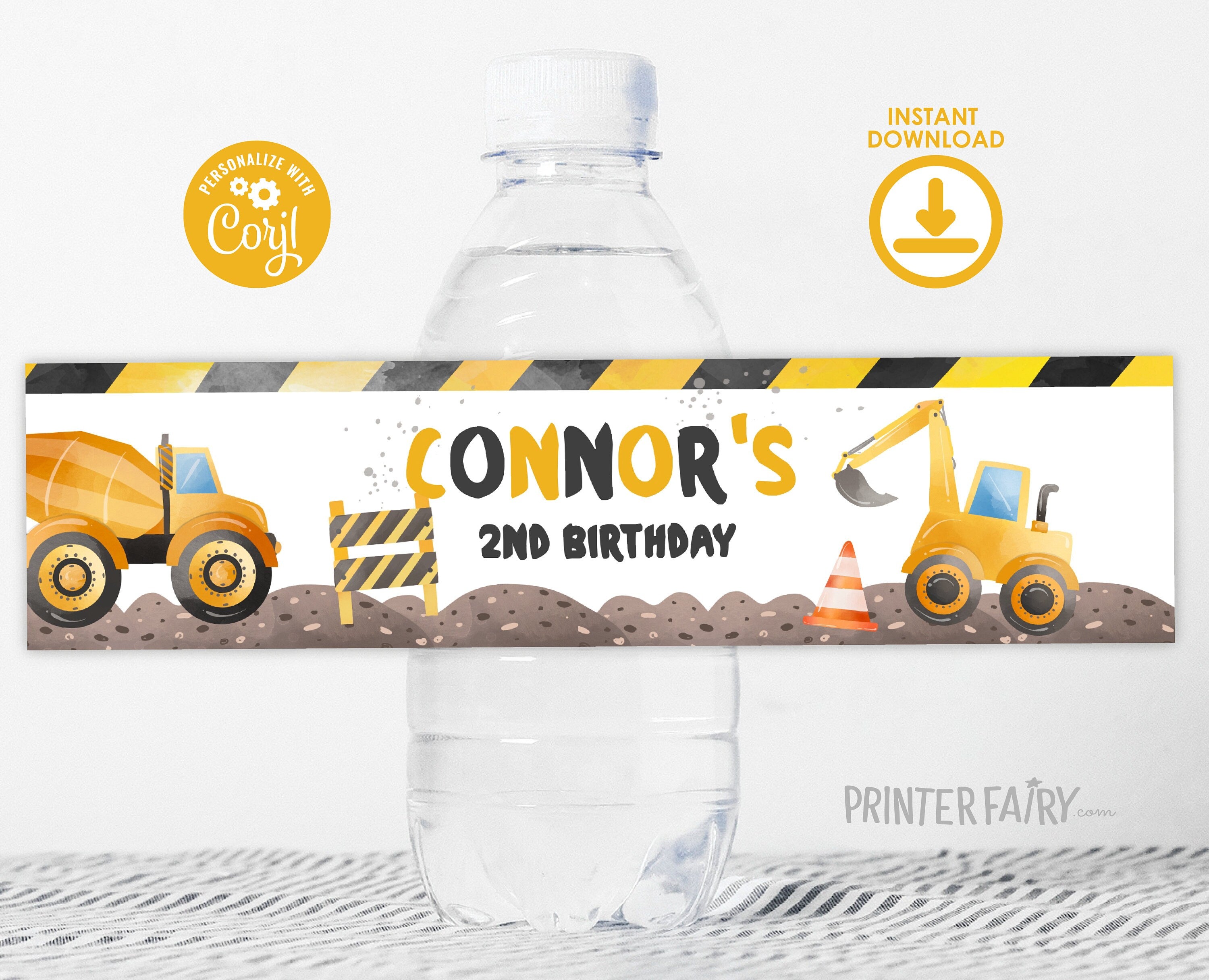 Construction Birthday Water Bottle Labels: Editable Truck Theme (Digital Download)