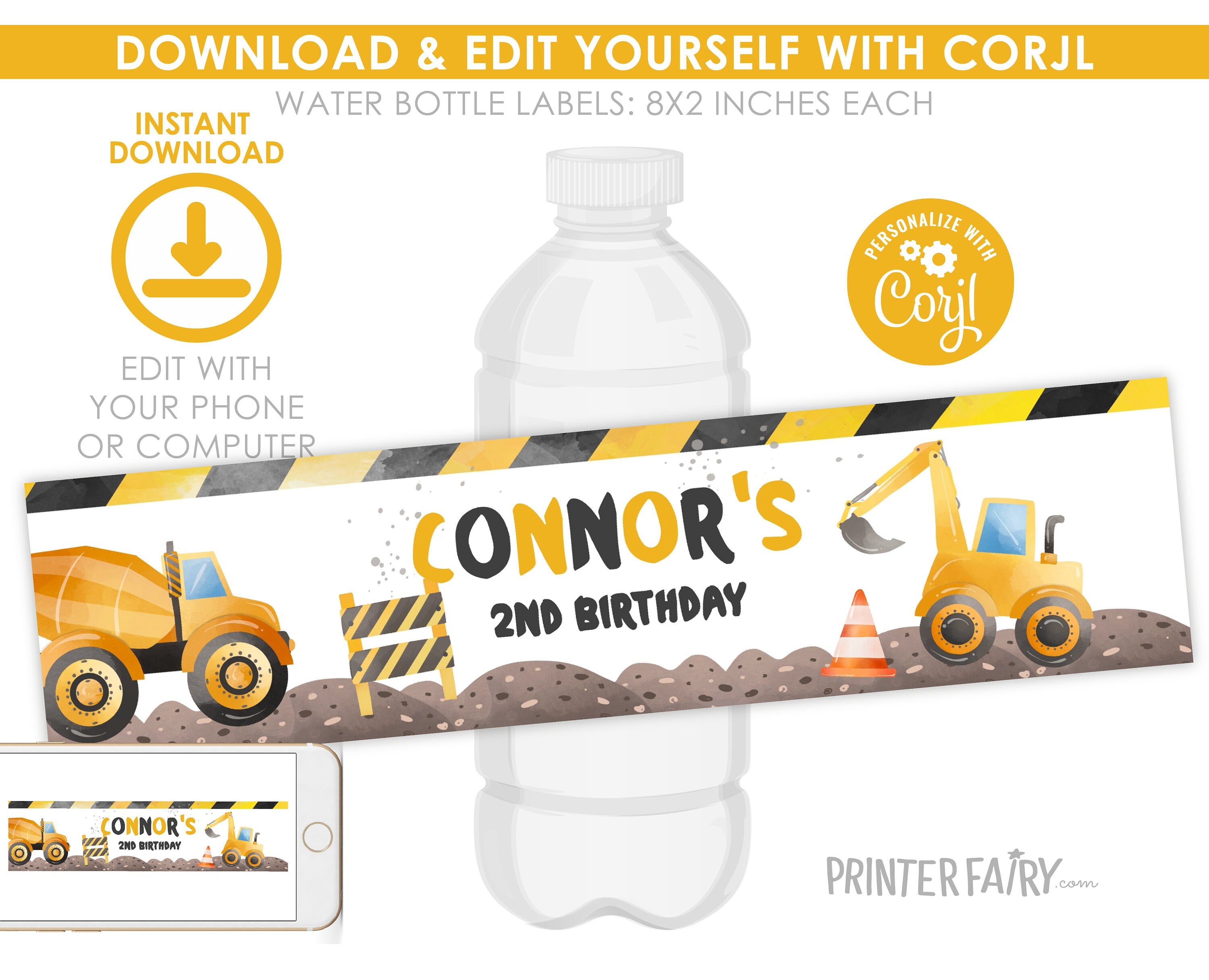 Construction Birthday Water Bottle Labels: Editable Truck Theme (Digital Download)