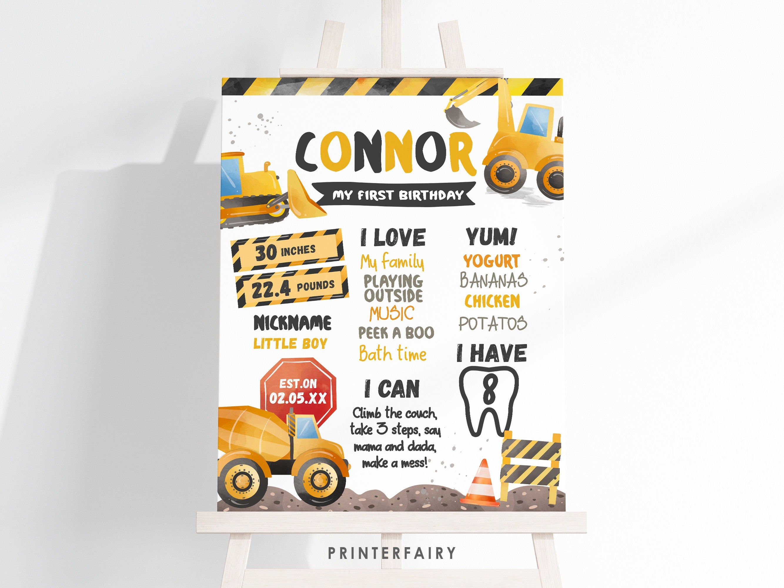 Construction First Birthday Stats Sign: Dump Truck Theme (Digital Download)