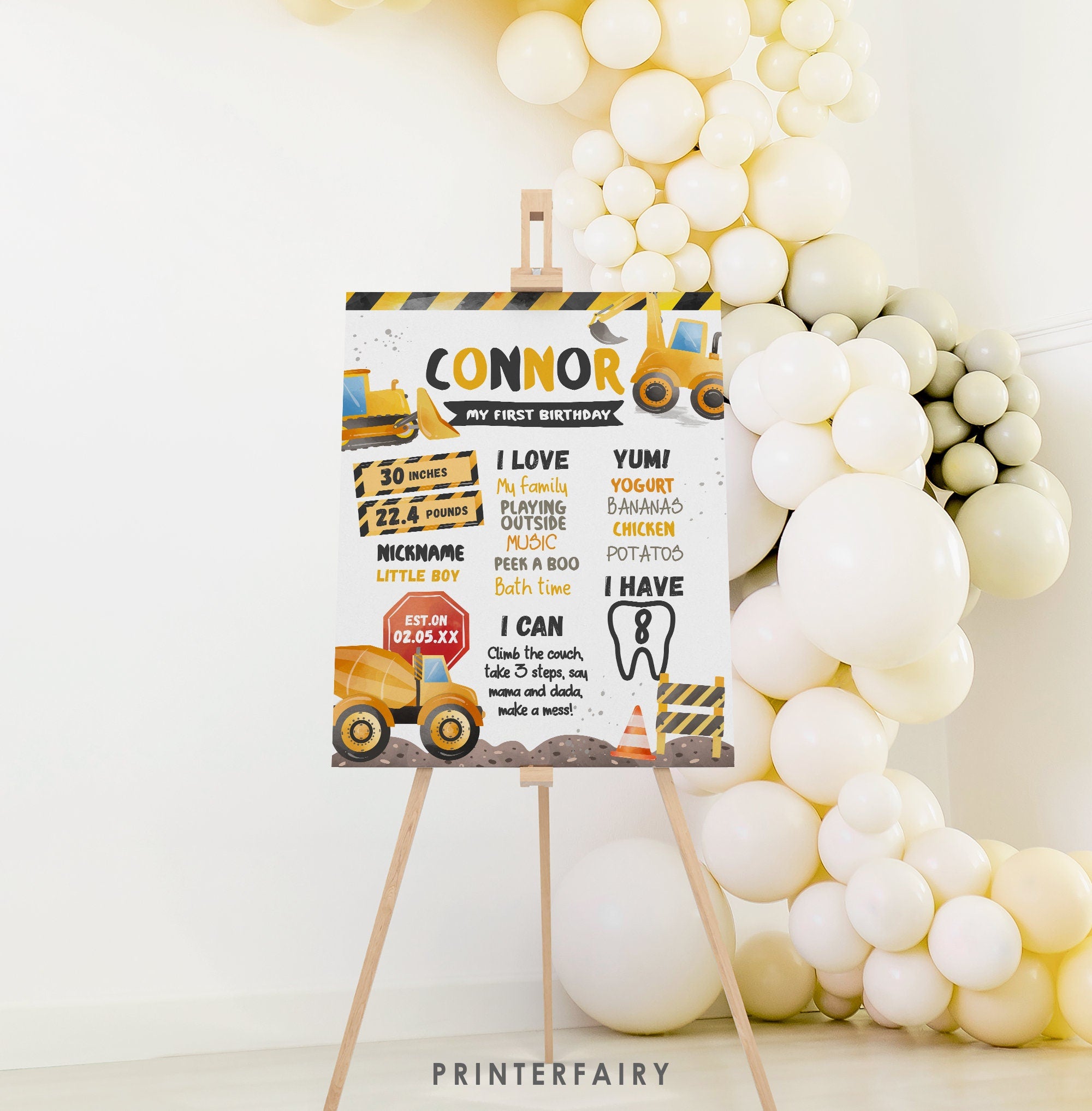 Construction First Birthday Stats Sign: Dump Truck Theme (Digital Download)