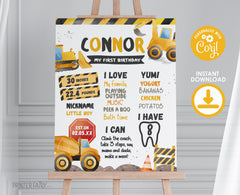 Construction First Birthday Stats Sign: Dump Truck Theme (Digital Download)