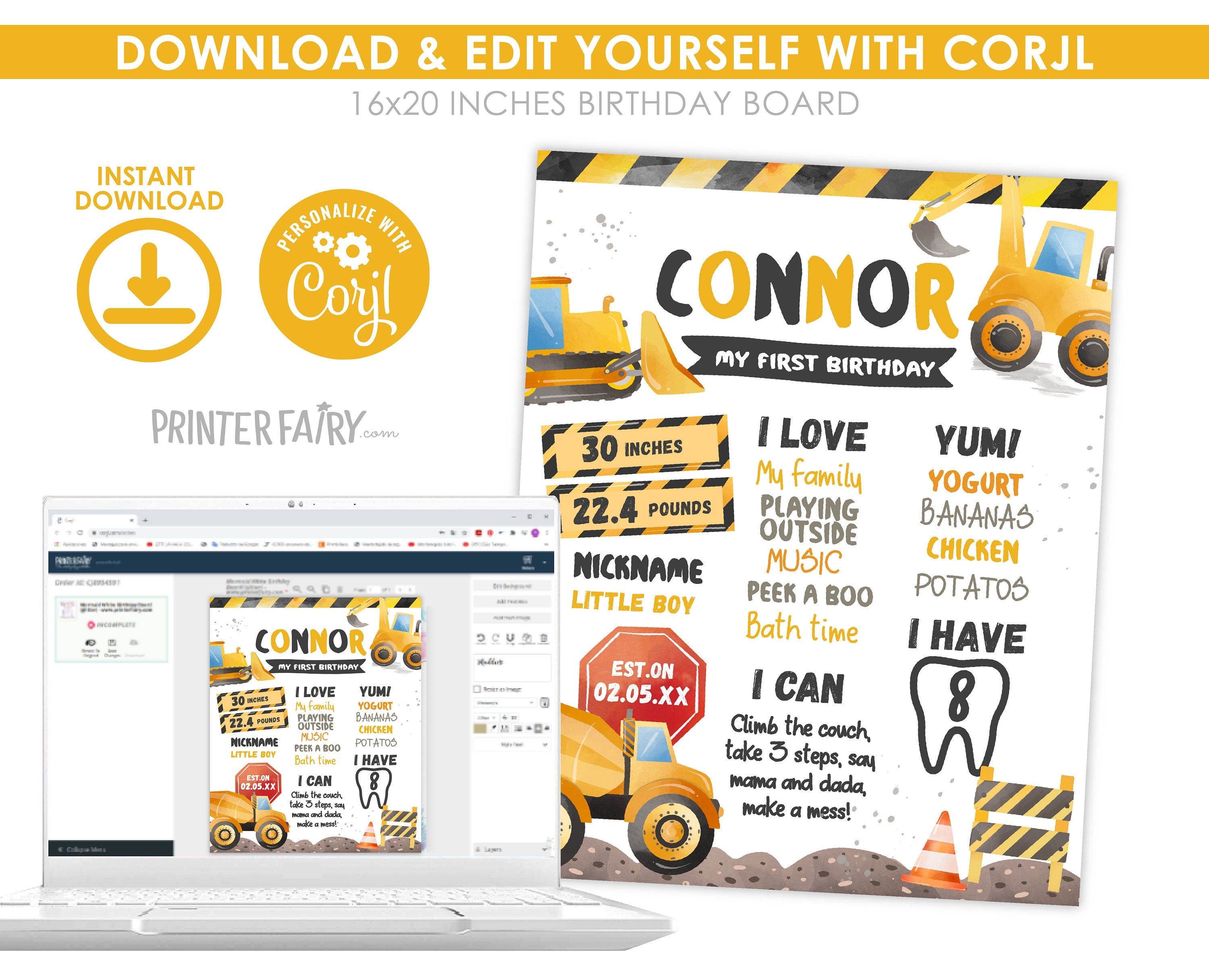 Construction First Birthday Stats Sign: Dump Truck Theme (Digital Download)