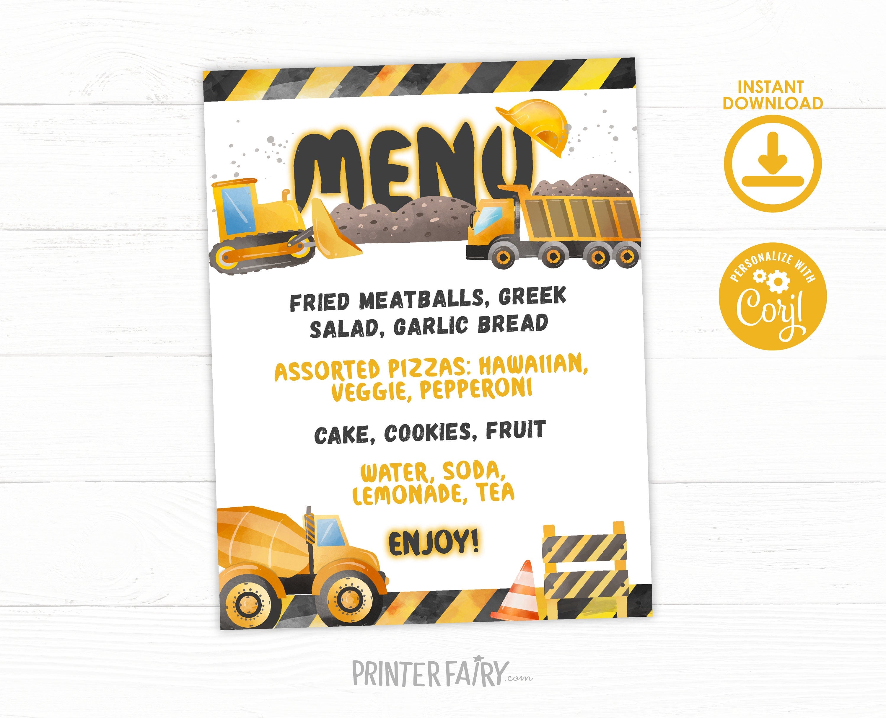 Construction Birthday Party Menu Sign: Editable Food Table Decor (Digital Instant Download)
