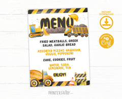 Construction Birthday Party Menu Sign: Editable Food Table Decor (Digital Instant Download)