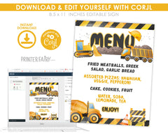 Construction Birthday Party Menu Sign: Editable Food Table Decor (Digital Instant Download)