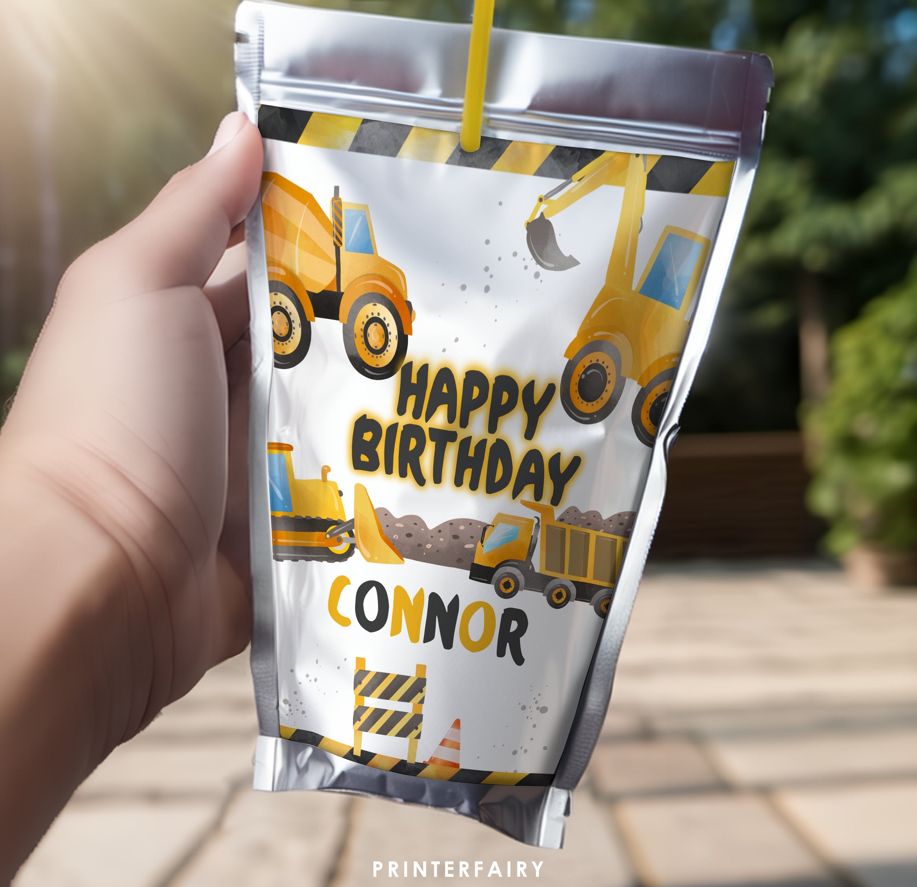 Construction Birthday Drink Pouch Labels: Editable Truck Party Stickers (Digital Download)