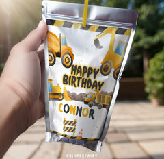 Construction Birthday Drink Pouch Labels: Editable Truck Party Stickers (Digital Download)
