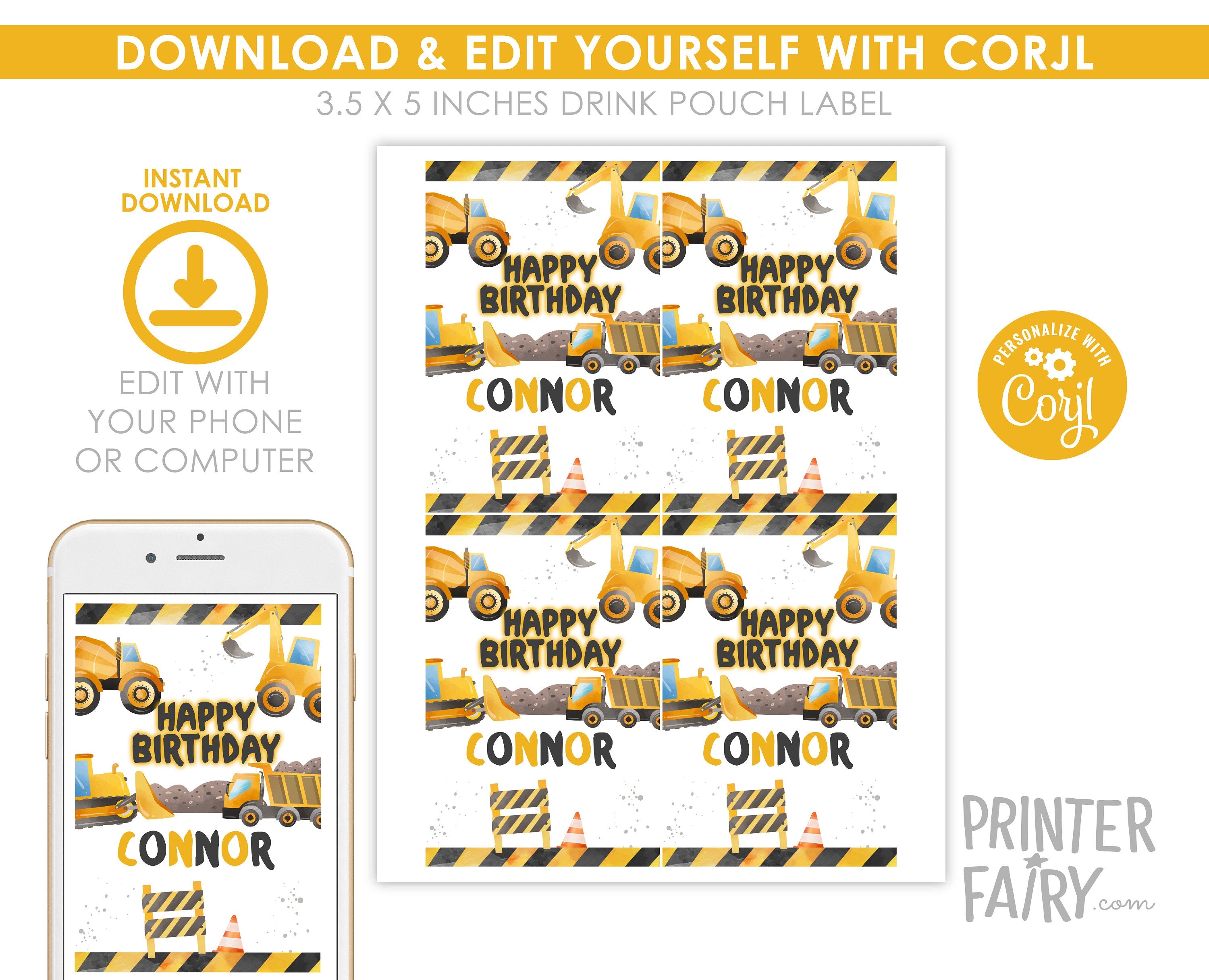 Construction Birthday Drink Pouch Labels: Editable Truck Party Stickers (Digital Download)