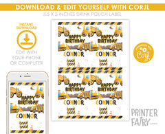 Construction Birthday Drink Pouch Labels: Editable Truck Party Stickers (Digital Download)