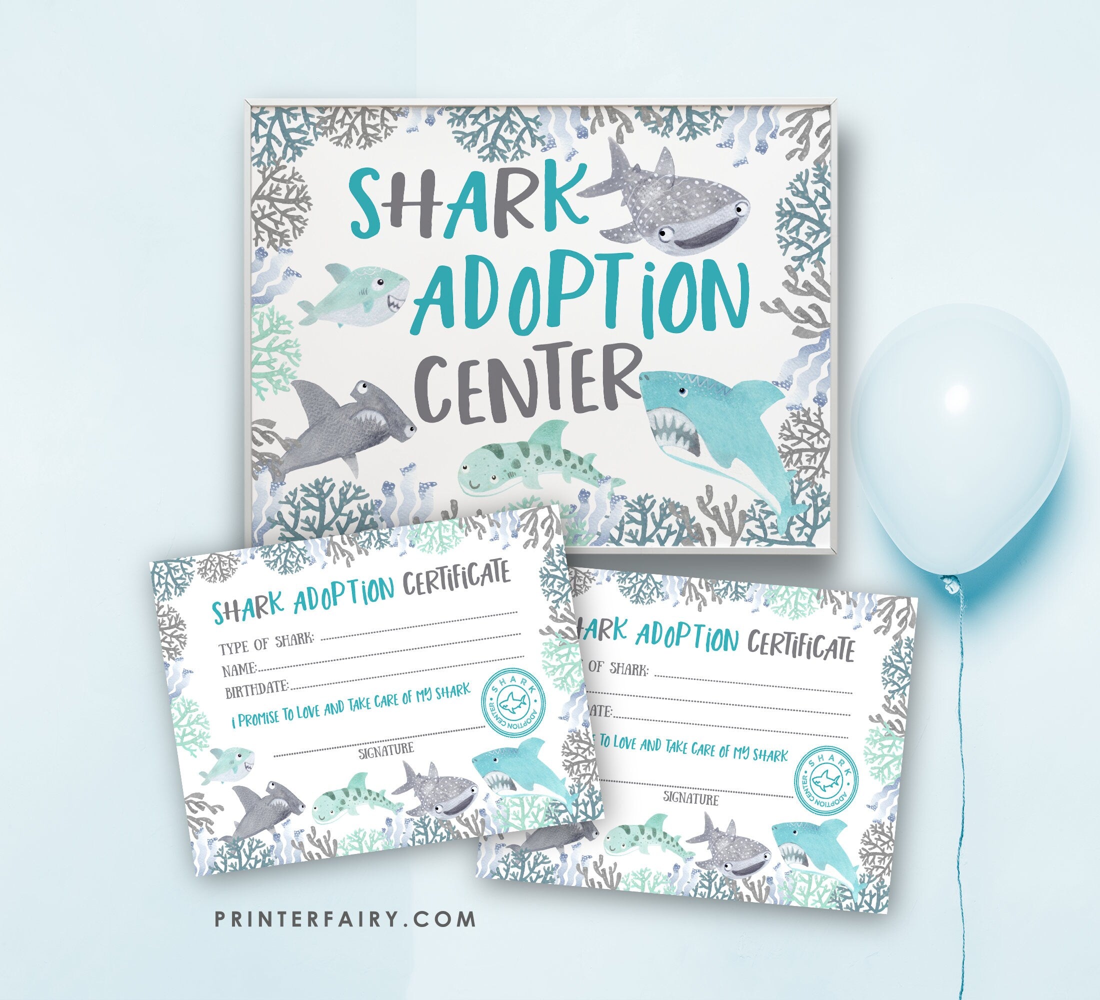 Shark Adoption Center Sign and Certificates, Birthday Party Printables (Instant Download)