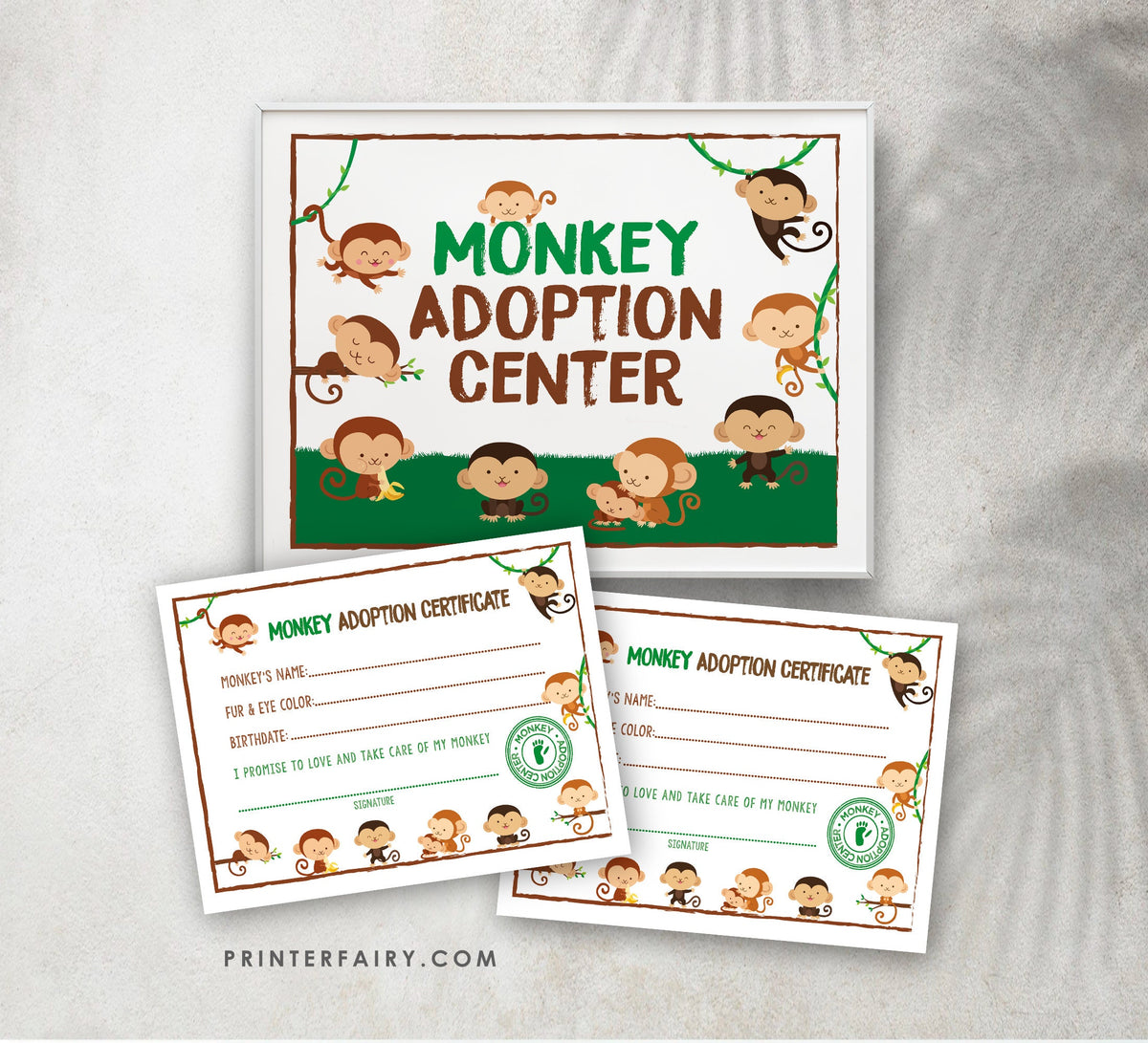 Monkey Adoption Center Sign, Birthday Party Decor (Printable PDF)
