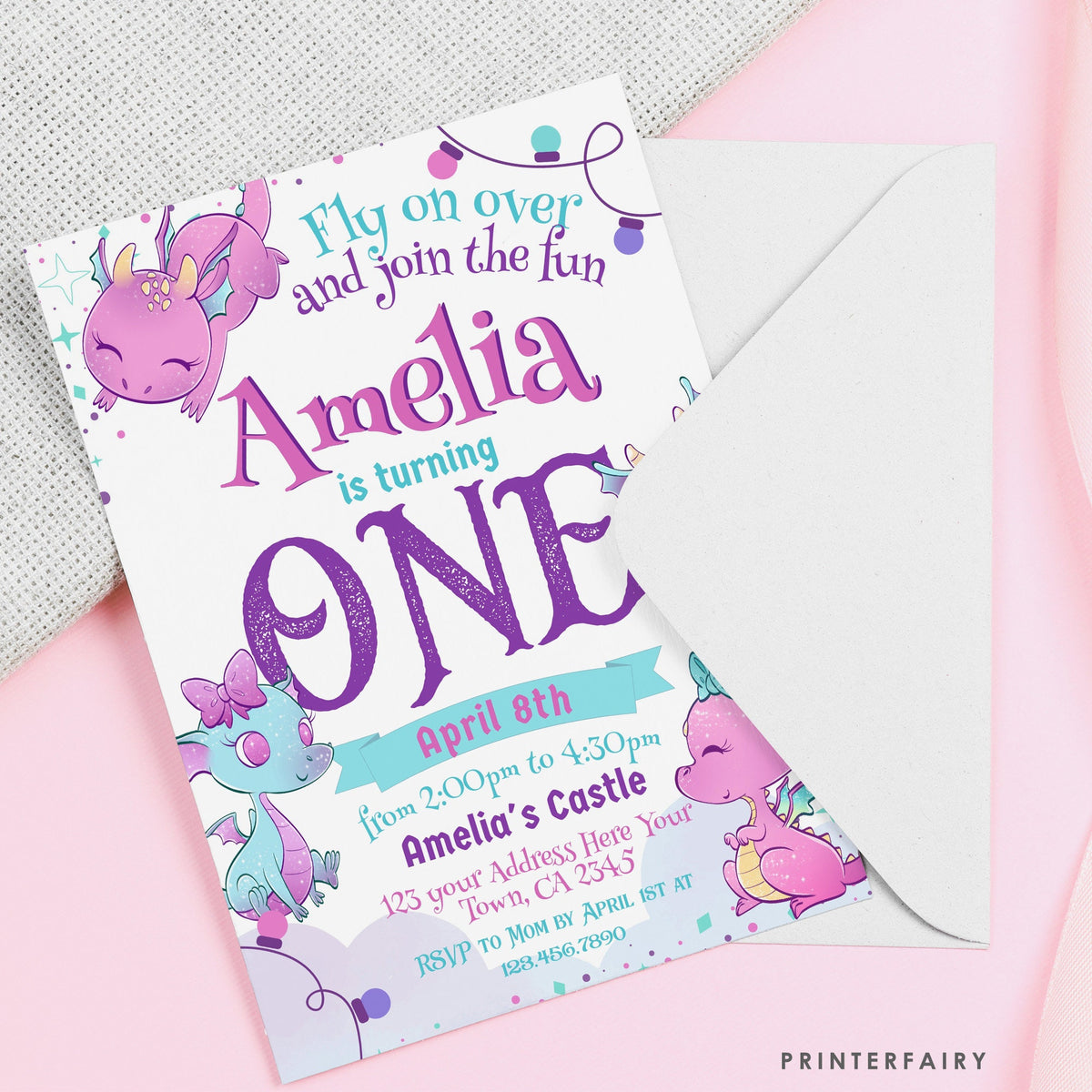 Girl Dragon 1st Birthday Invitation, Pink, Editable (Instant Download)