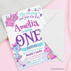 Girl Dragon 1st Birthday Invitation, Pink, Editable (Instant Download)