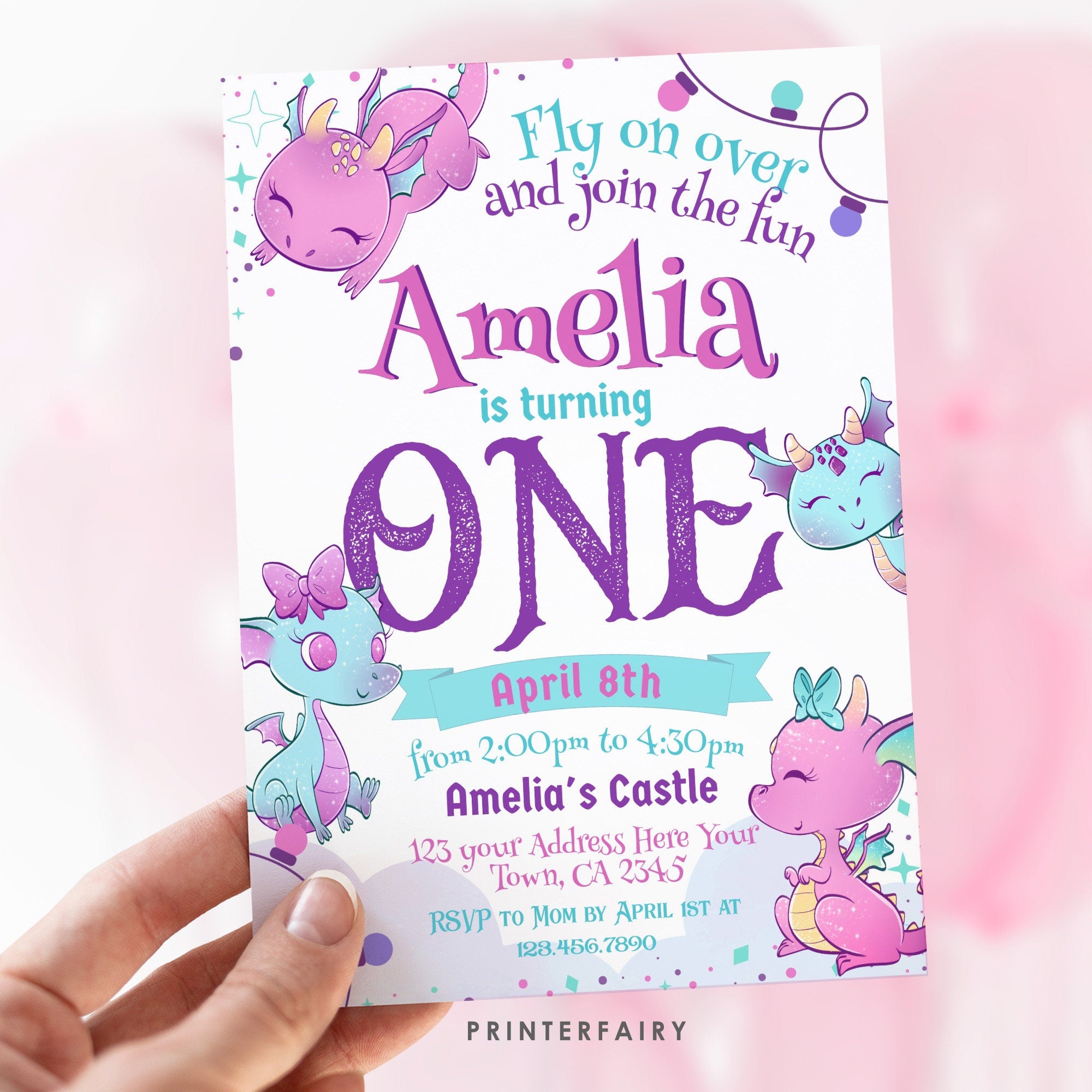 Girl Dragon 1st Birthday Invitation, Pink, Editable (Instant Download)