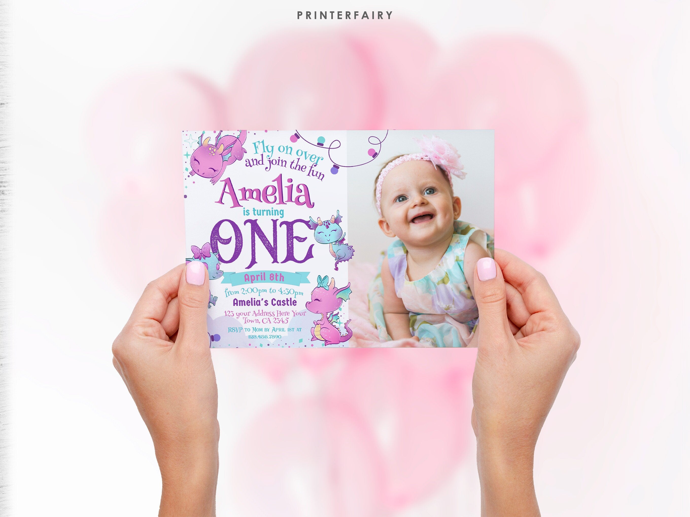 Dragon First Birthday Invitation with Photo, Editable Template (Digital Download)