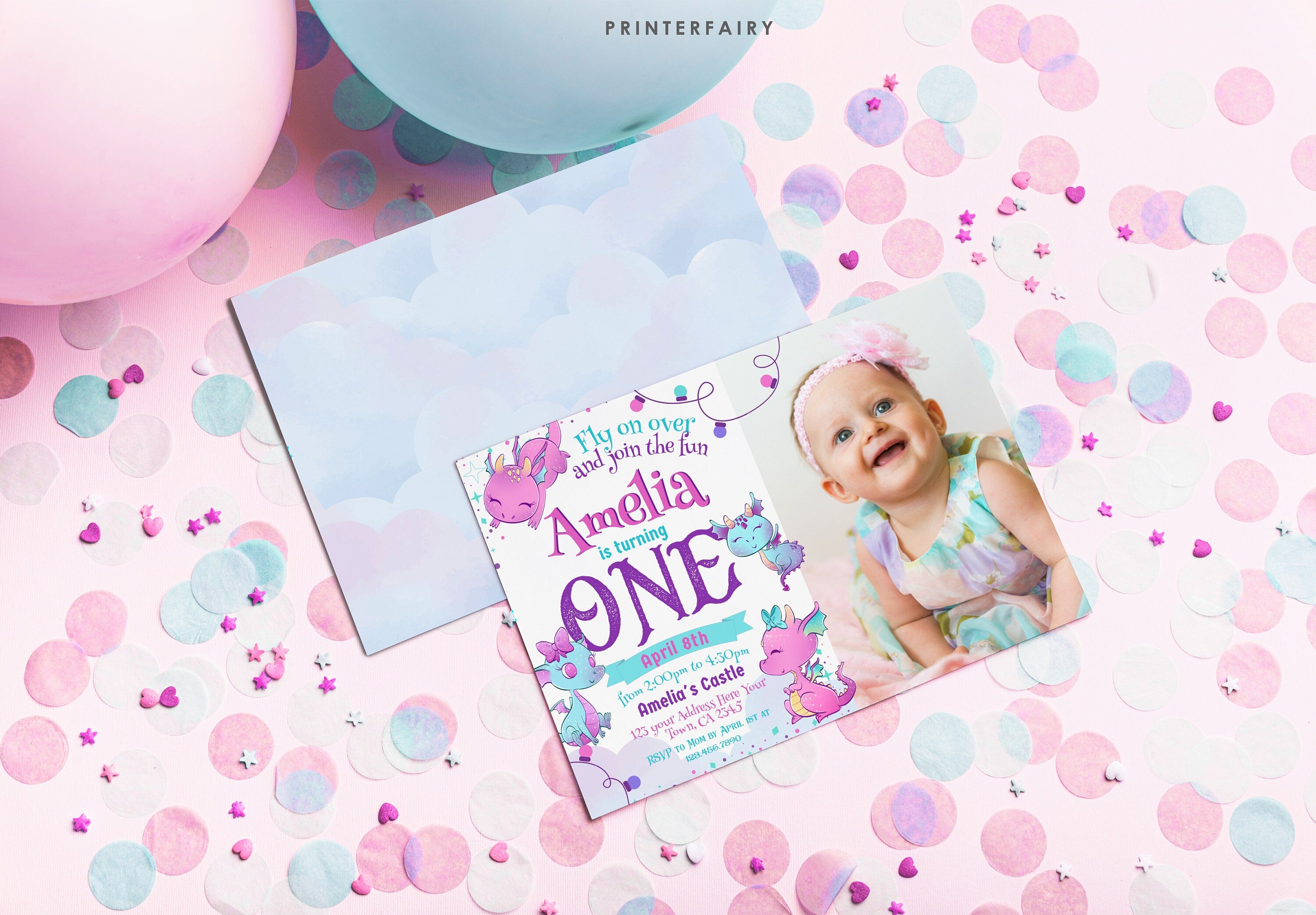Dragon First Birthday Invitation with Photo, Editable Template (Digital Download)