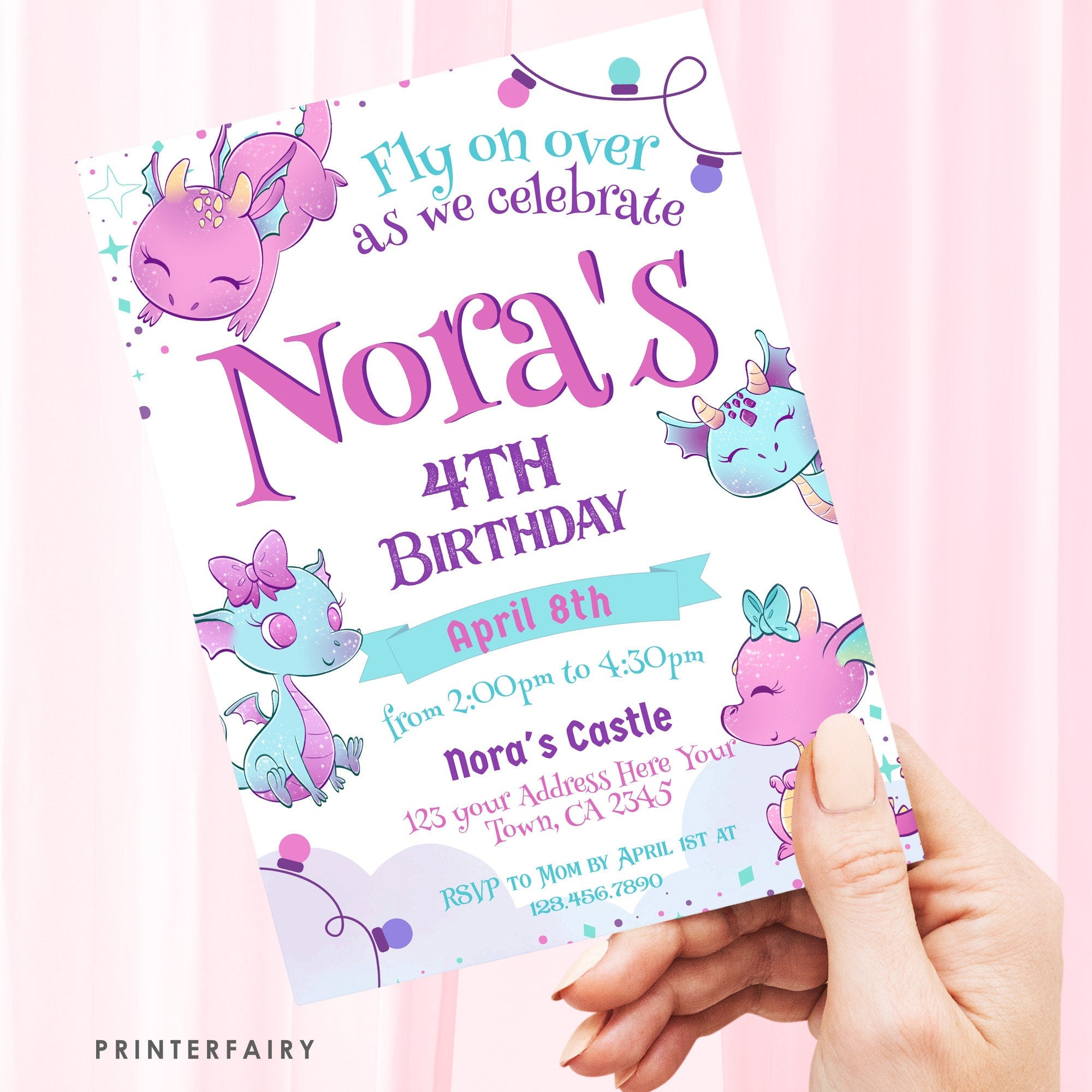 Pink Dragon Birthday Party Invitation, Editable Template (Digital Download)