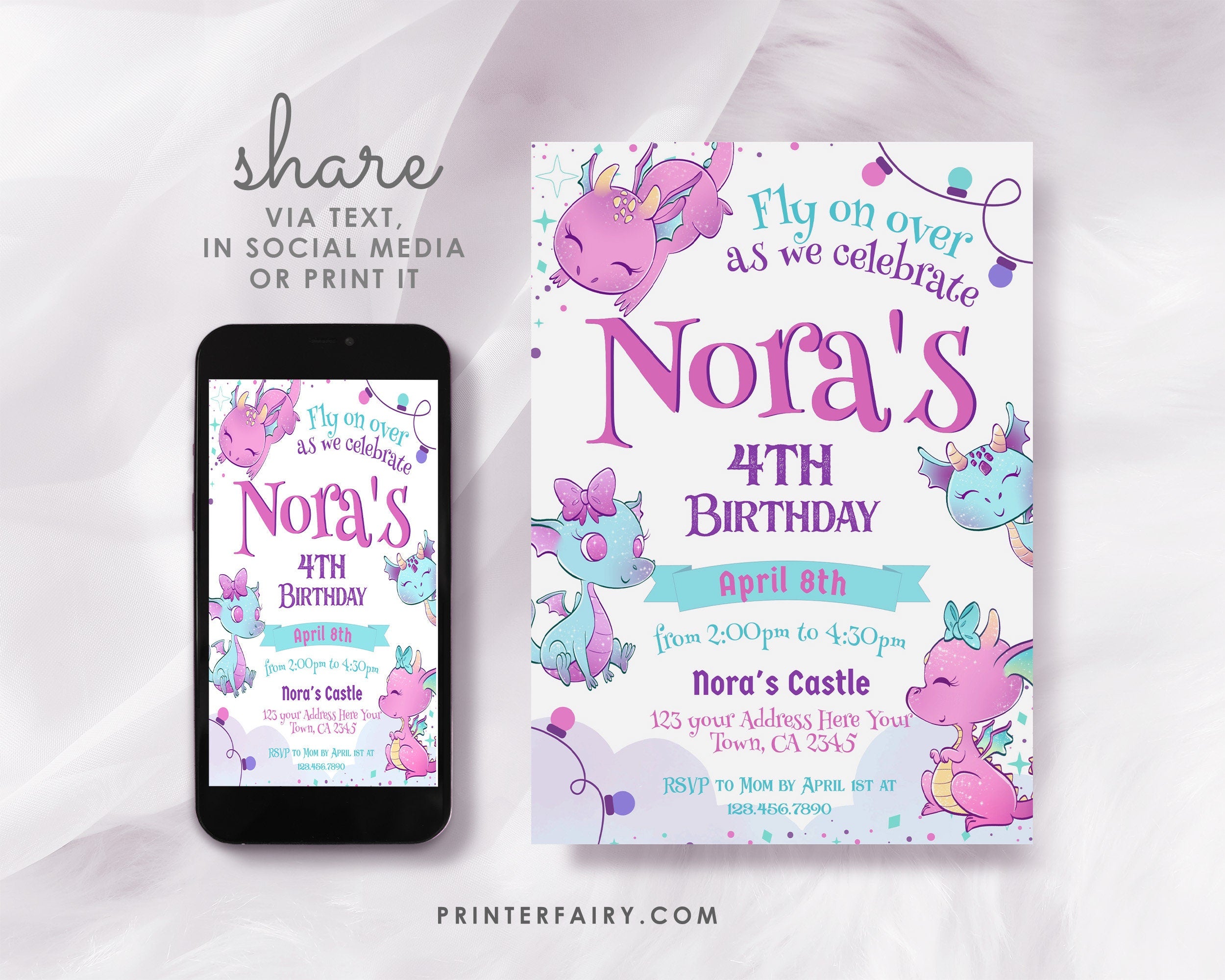 Pink Dragon Birthday Party Invitation, Editable Template (Digital Download)