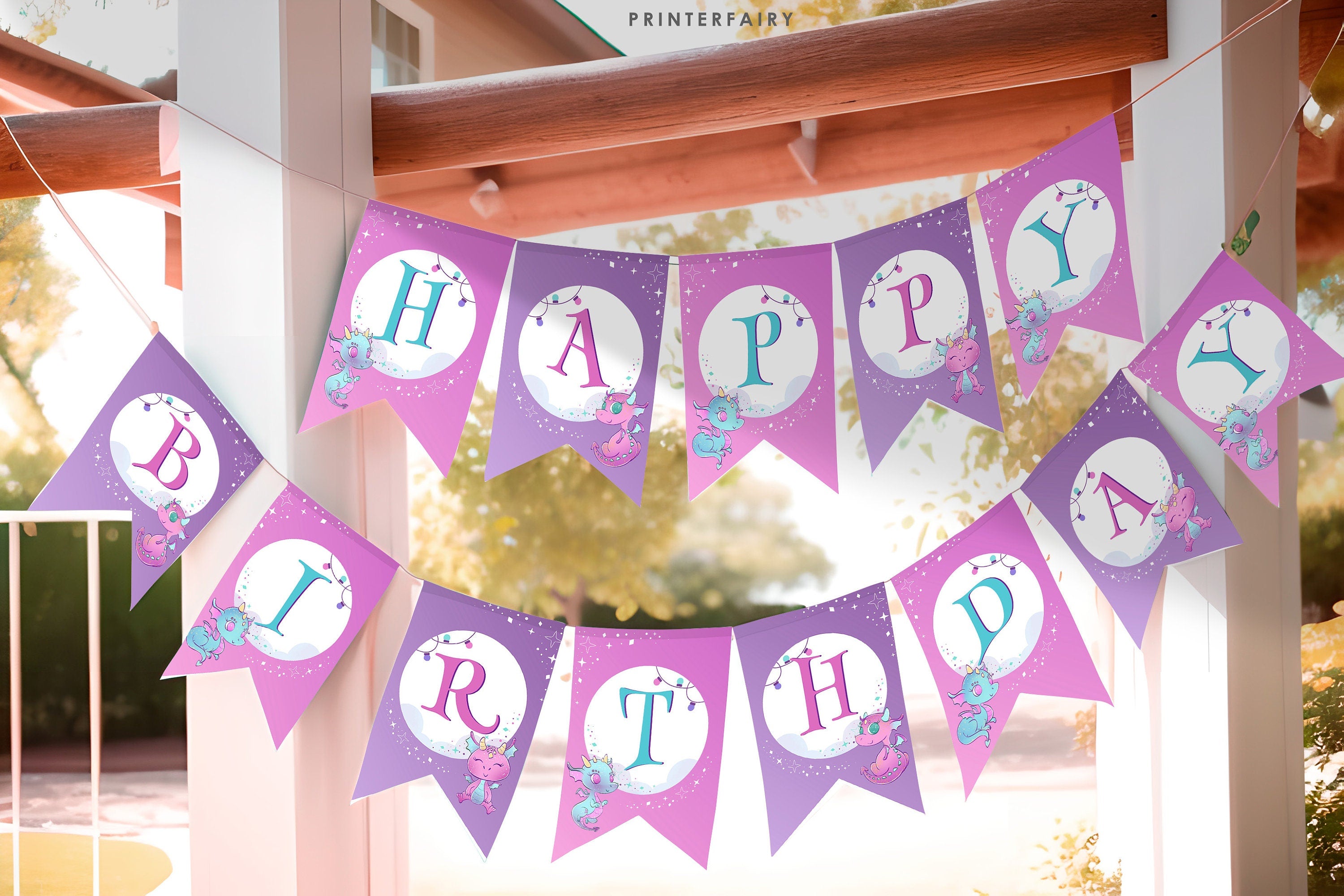 Dragon Birthday Party Banner, Girl Party Decor (Printable)
