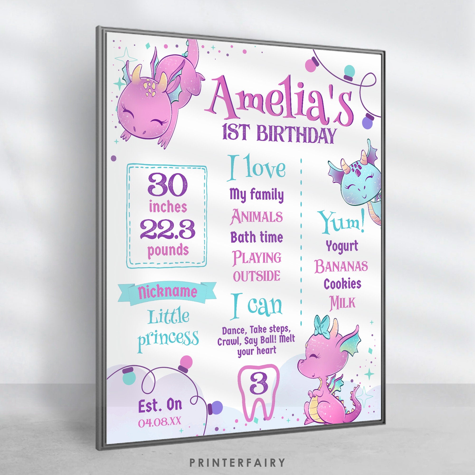 Girl Dragon 1st Birthday Stats Board, Printable Party Decor (Digital Download)